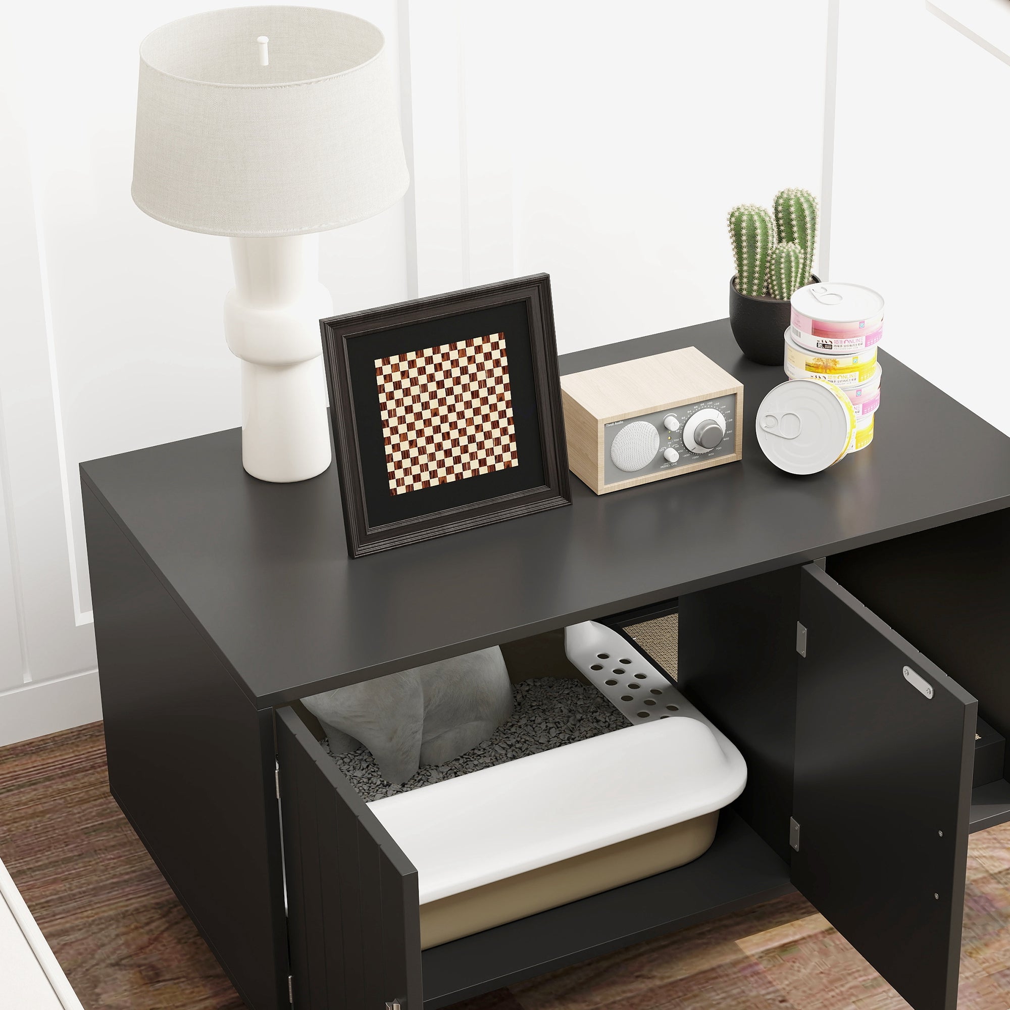 PawHut Cat Litter Box Enclosure, Hidden Litter Box Furniture, Cat House End Table Washroom with Scratching Pad, for Indoor Cats Kittens, Black