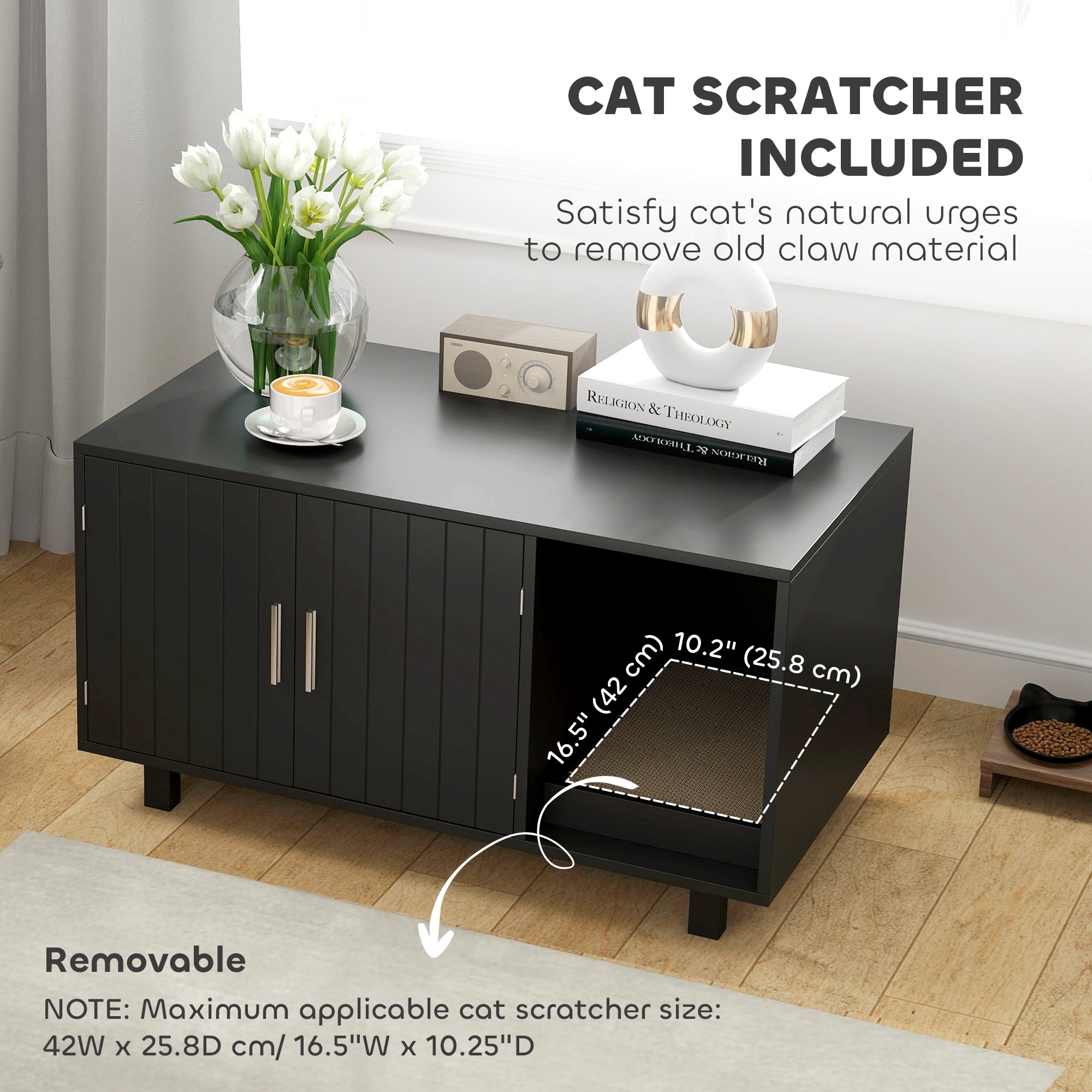 PawHut Cat Litter Box Enclosure, Hidden Litter Box Furniture, Cat House End Table Washroom with Scratching Pad, for Indoor Cats Kittens, Black