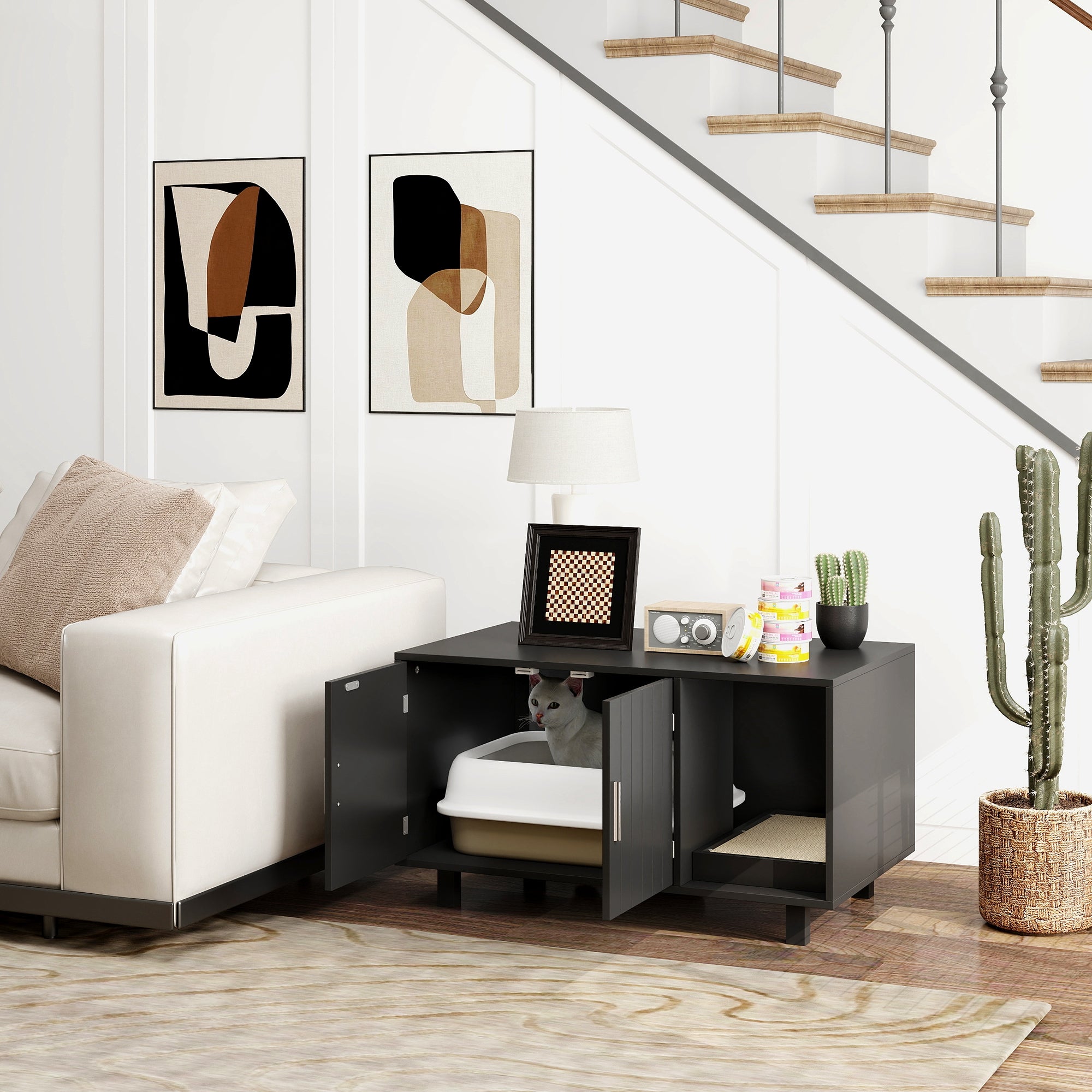 PawHut Cat Litter Box Enclosure, Hidden Litter Box Furniture, Cat House End Table Washroom with Scratching Pad, for Indoor Cats Kittens, Black