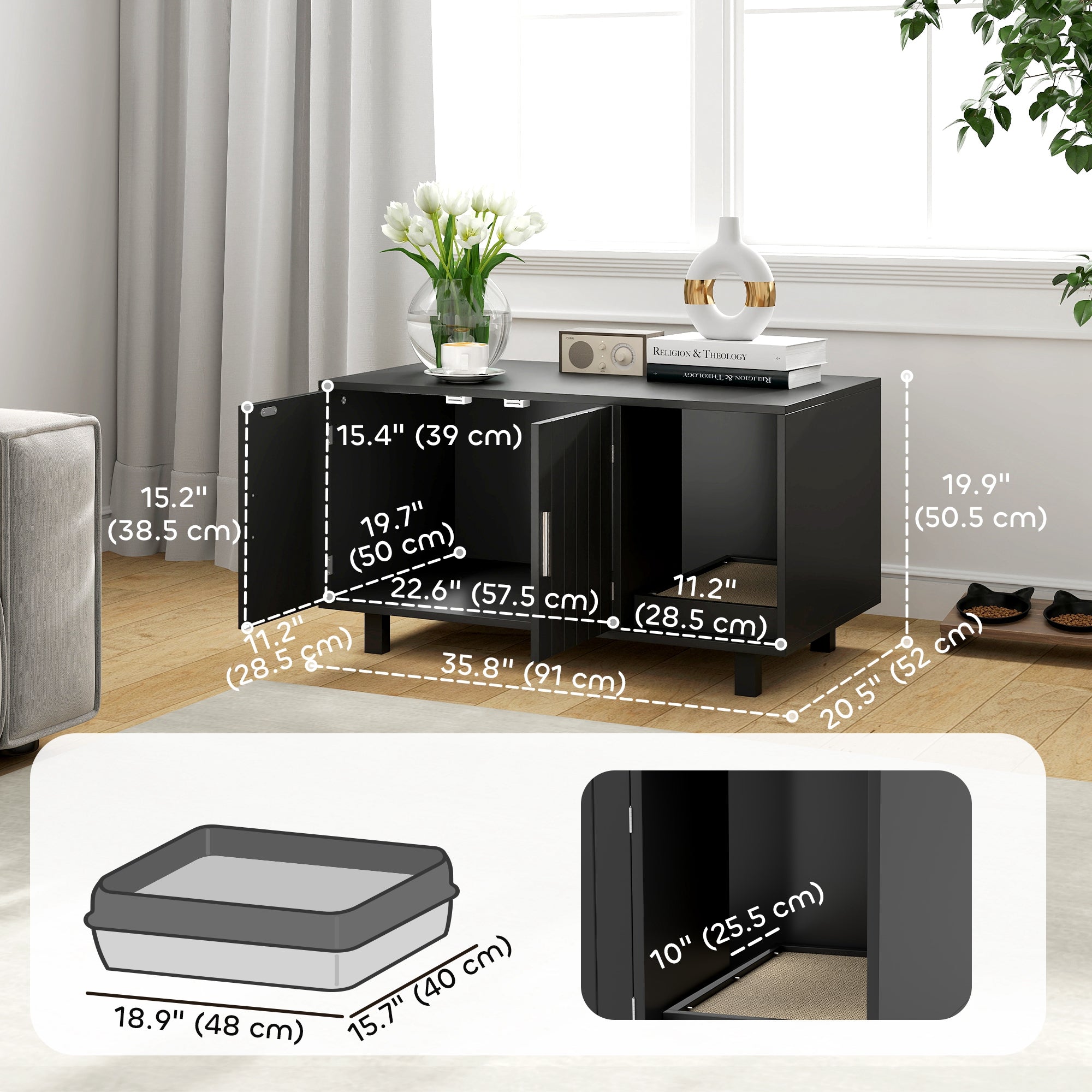 PawHut Cat Litter Box Enclosure, Hidden Litter Box Furniture, Cat House End Table Washroom with Scratching Pad, for Indoor Cats Kittens, Black