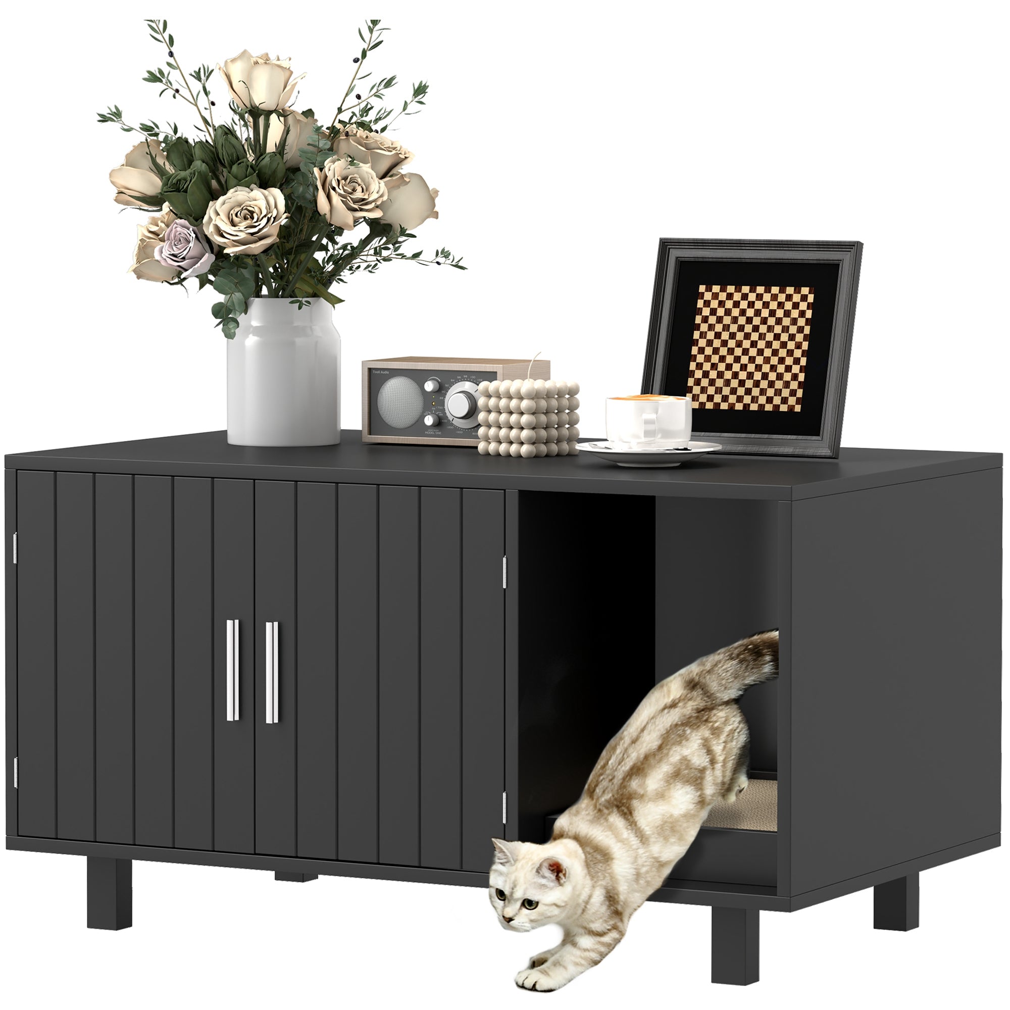PawHut Cat Litter Box Enclosure, Hidden Litter Box Furniture, Cat House End Table Washroom with Scratching Pad, for Indoor Cats Kittens, Black
