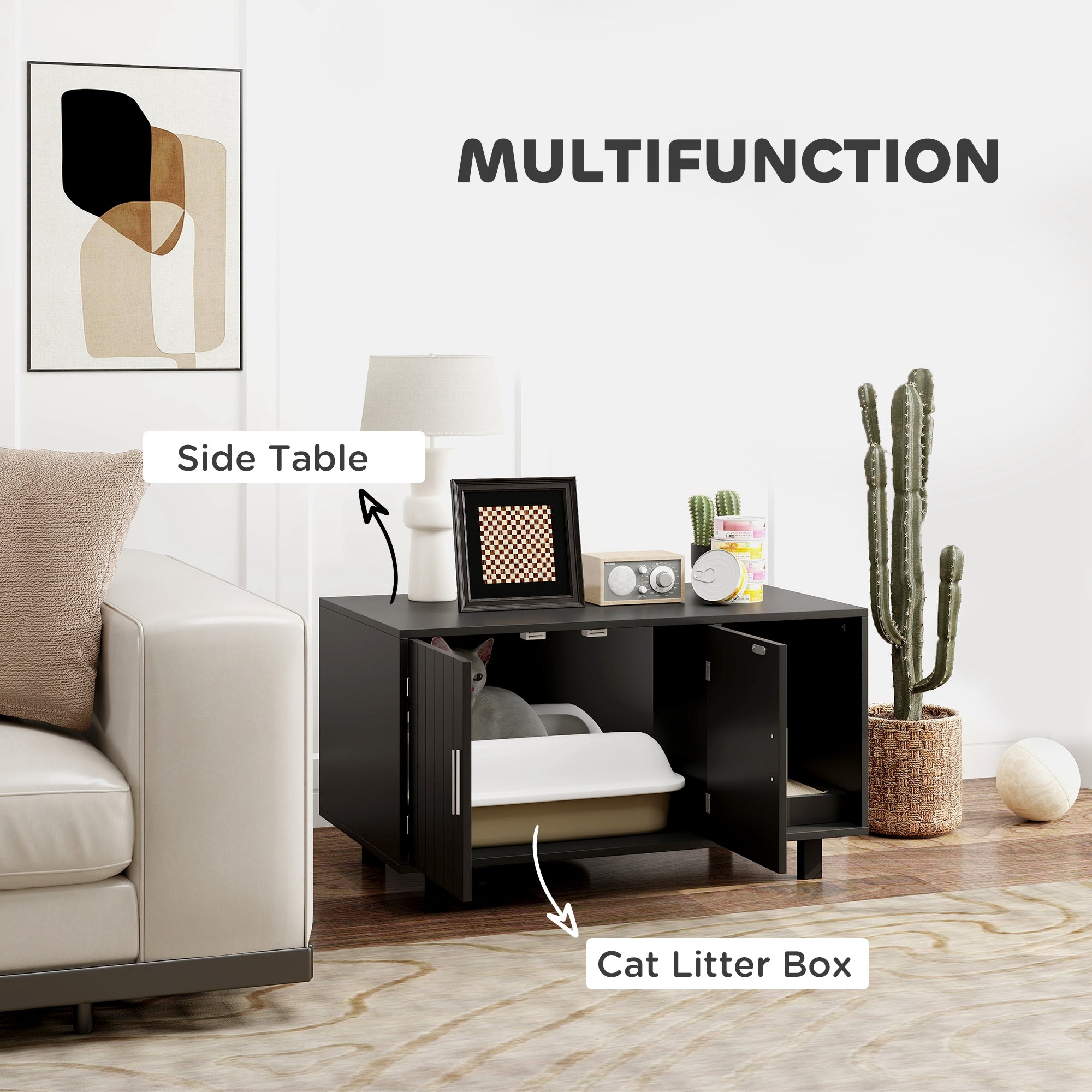 PawHut Cat Litter Box Enclosure, Hidden Litter Box Furniture, Cat House End Table Washroom with Scratching Pad, for Indoor Cats Kittens, Black