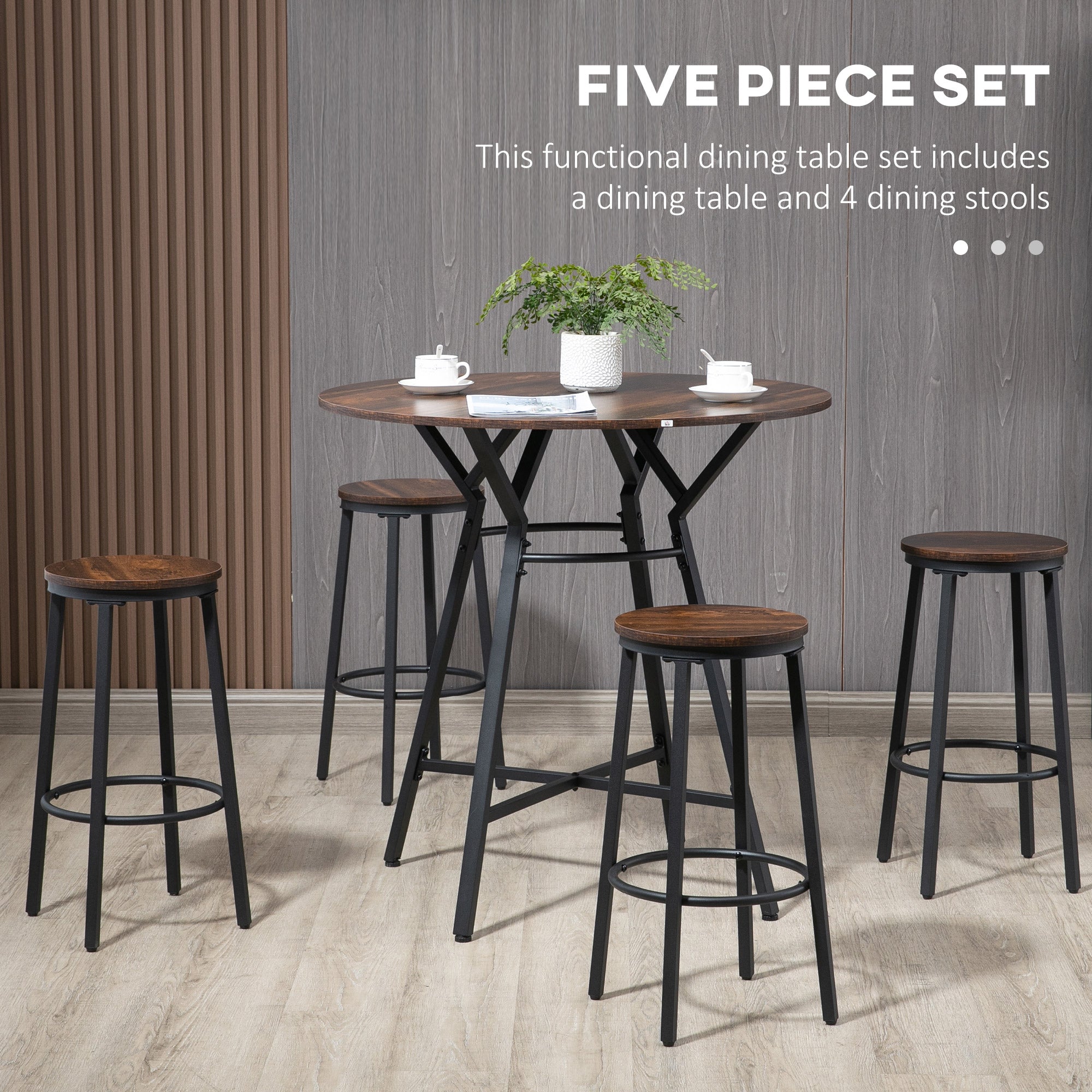 HOMCOM 5-Piece Bar Table and Chairs Set, Space Saving Dining Table with 4 Stools for Pub & Kitchen, Dark Brown