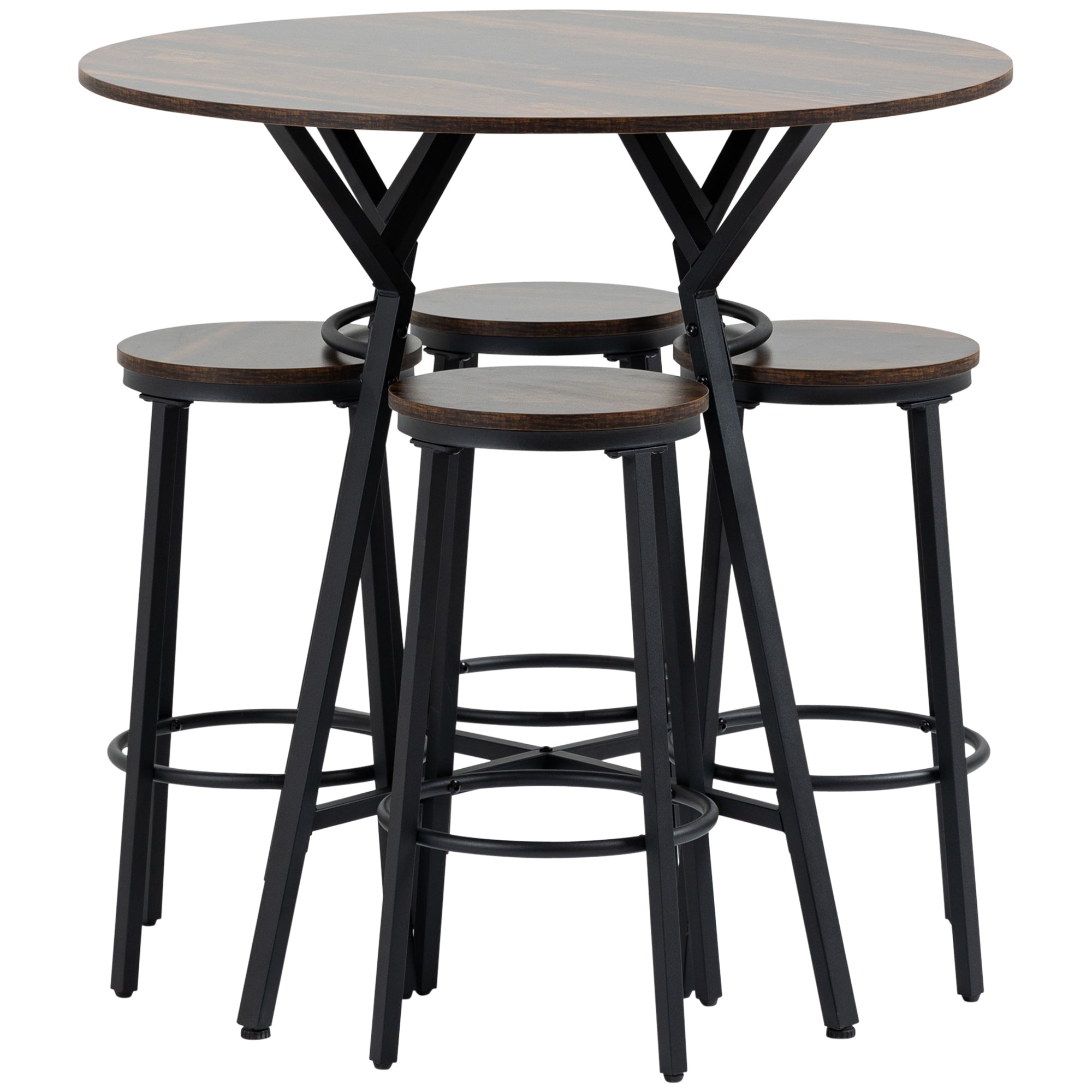 HOMCOM 5-Piece Bar Table and Chairs Set, Space Saving Dining Table with 4 Stools for Pub & Kitchen, Dark Brown