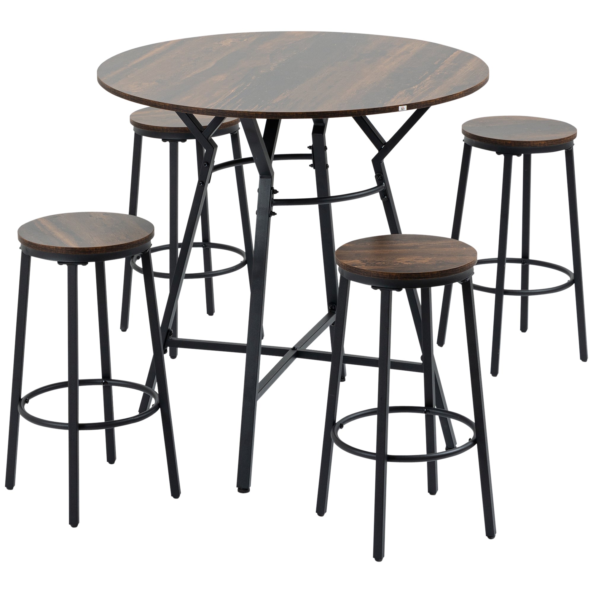 HOMCOM 5-Piece Bar Table and Chairs Set, Space Saving Dining Table with 4 Stools for Pub & Kitchen, Dark Brown