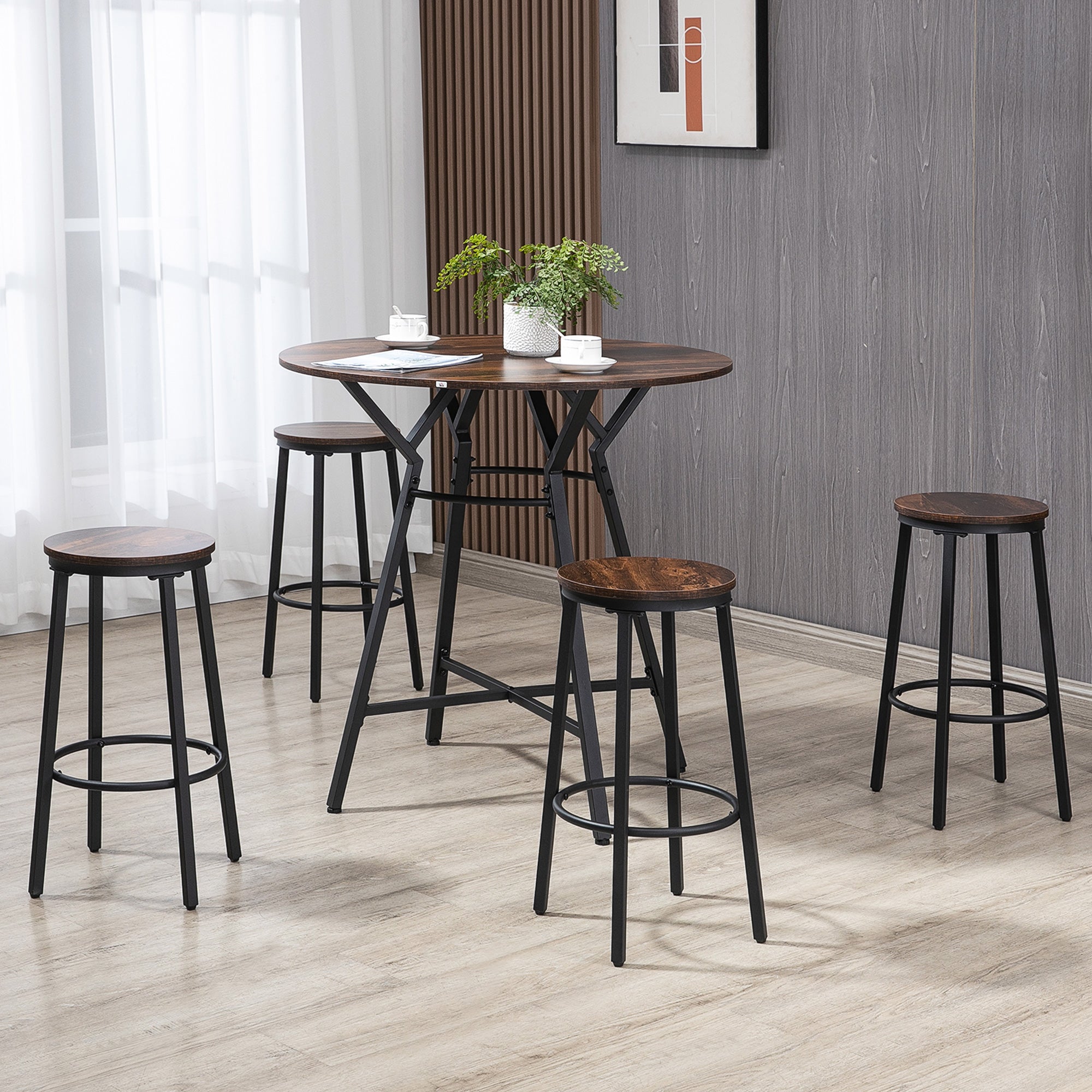 HOMCOM 5-Piece Bar Table and Chairs Set, Space Saving Dining Table with 4 Stools for Pub & Kitchen, Dark Brown
