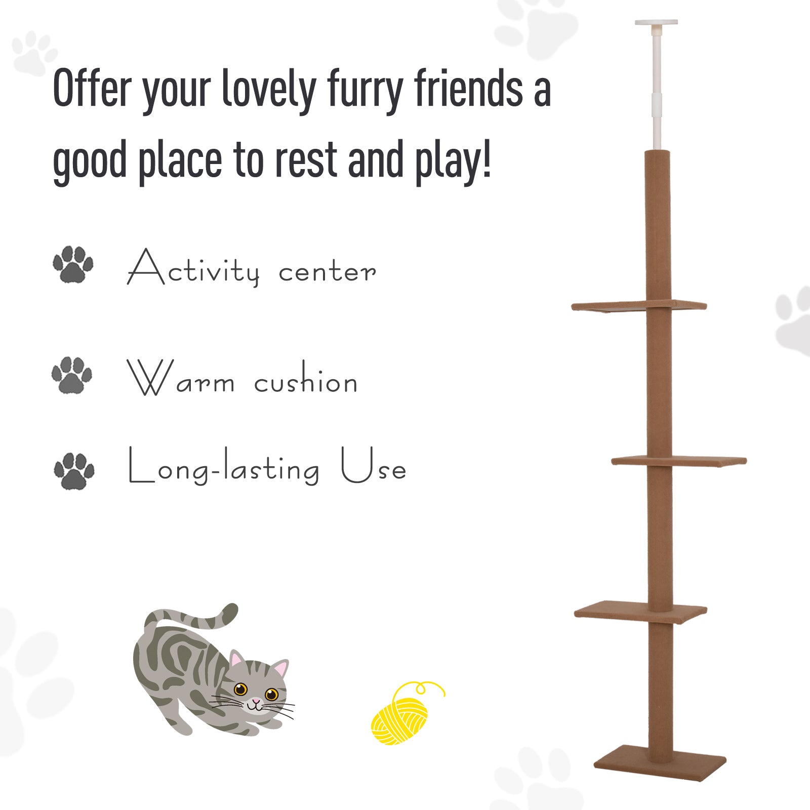 PawHut Floor-to-Ceiling Cat Tree Cat Climbing Tower with Sisal-Covered Scratching Posts Natural Cat Tree Activity Center for Kittens Cat Tower Furniture, Brown