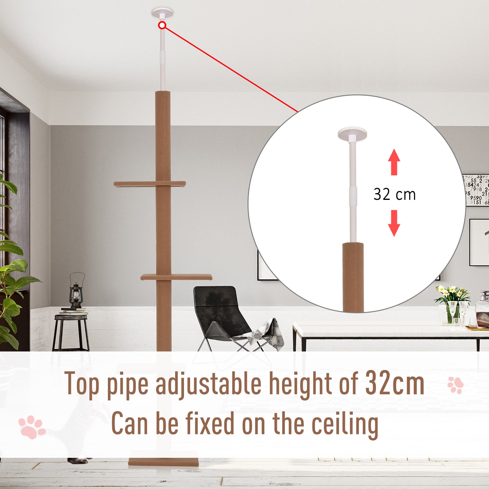 PawHut Floor-to-Ceiling Cat Tree Cat Climbing Tower with Sisal-Covered Scratching Posts Natural Cat Tree Activity Center for Kittens Cat Tower Furniture, Brown