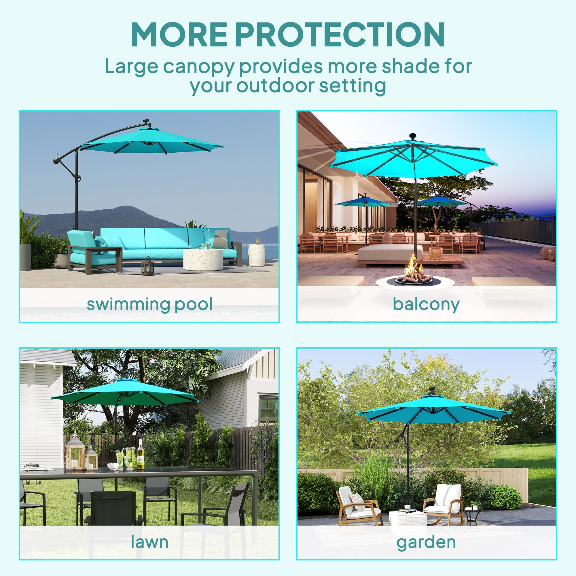 Outsunny 10ft Outdoor Cantilever Umbrella with Solar Lights, Banana Umbrella with Adjustable Angle for Patio, Backyard, Turquoise
