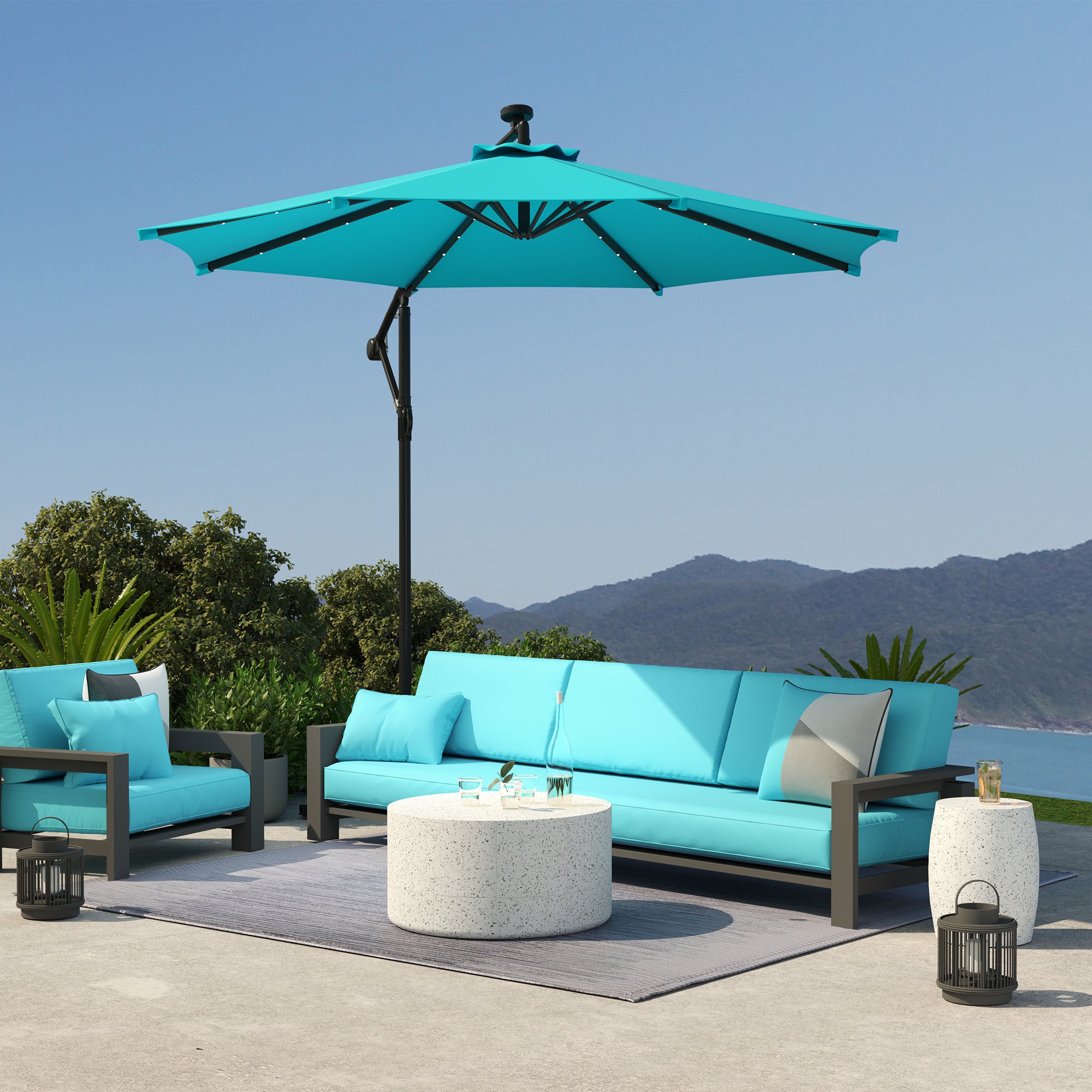 Outsunny 10ft Outdoor Cantilever Umbrella with Solar Lights, Banana Umbrella with Adjustable Angle for Patio, Backyard, Turquoise