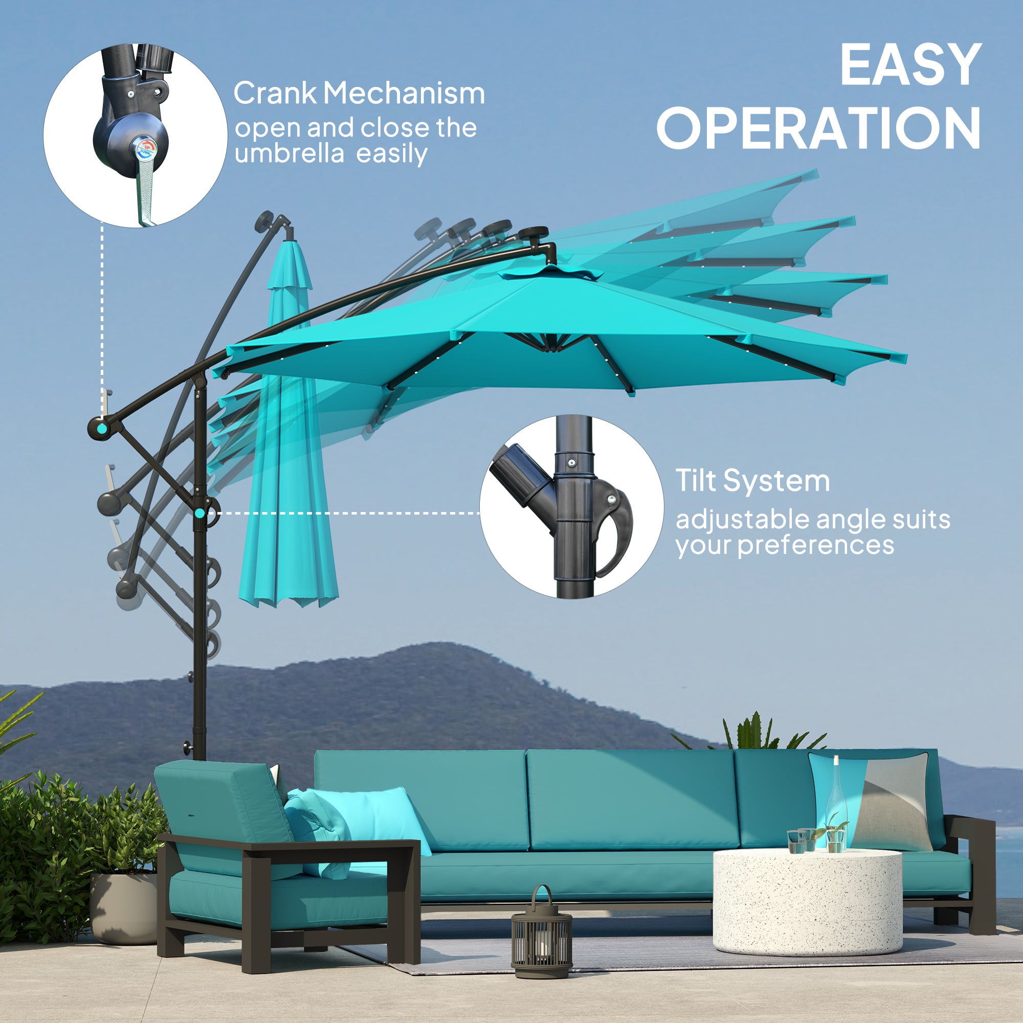 Outsunny 10ft Outdoor Cantilever Umbrella with Solar Lights, Banana Umbrella with Adjustable Angle for Patio, Backyard, Turquoise
