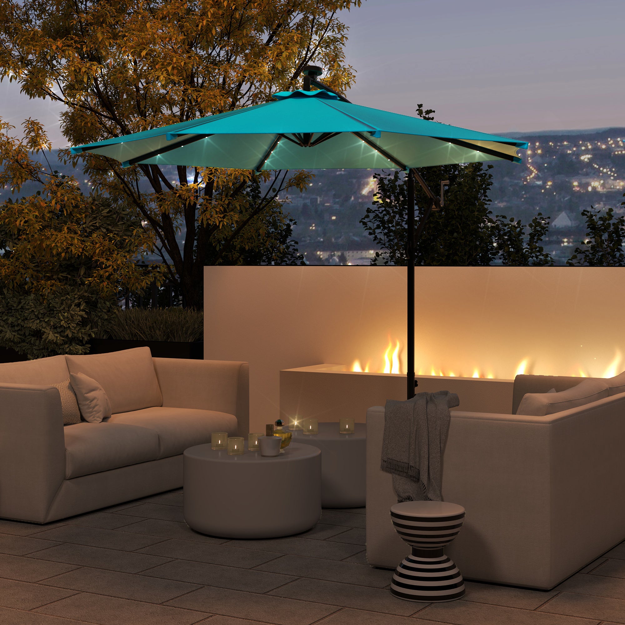 Outsunny 10ft Outdoor Cantilever Umbrella with Solar Lights, Banana Umbrella with Adjustable Angle for Patio, Backyard, Turquoise