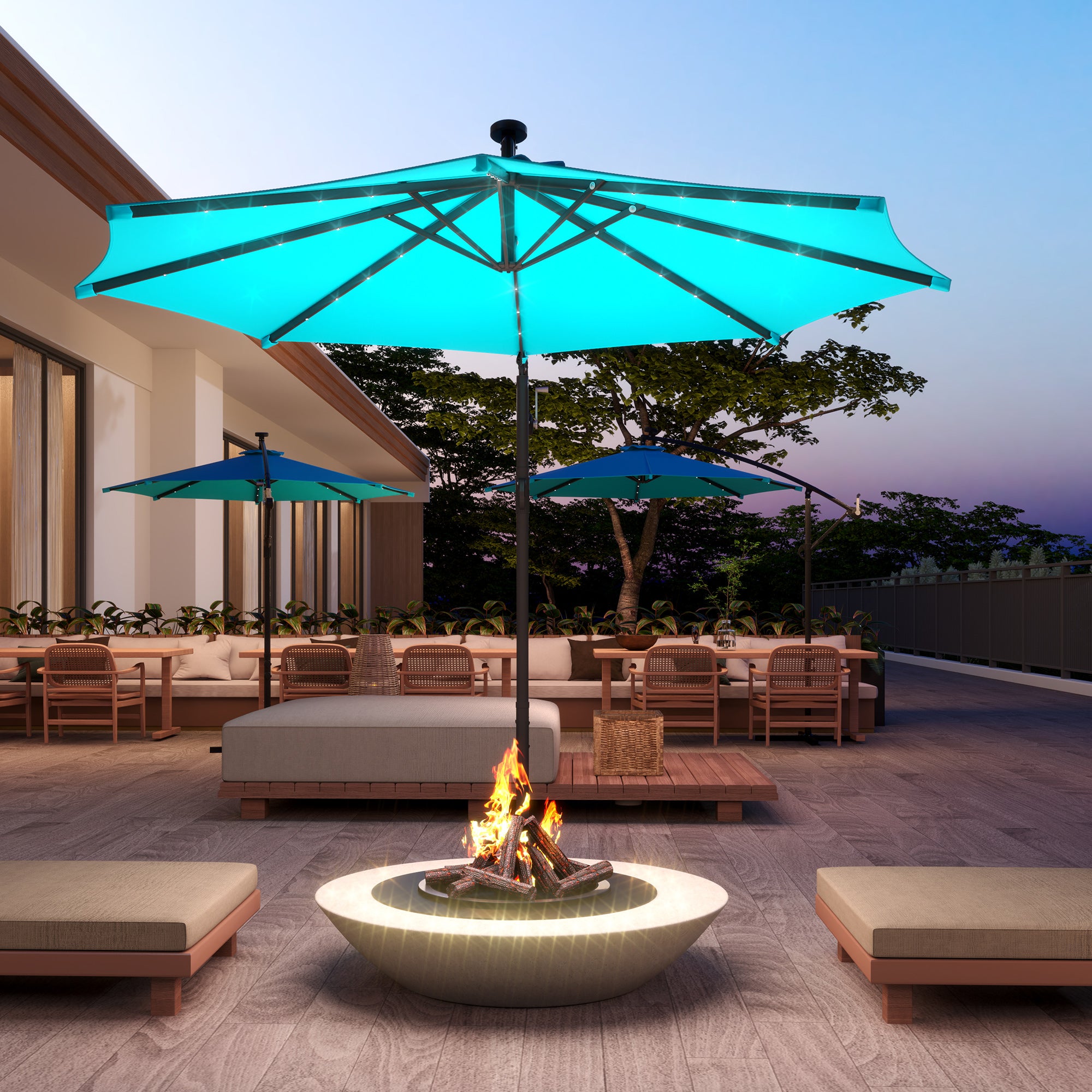 Outsunny 10ft Outdoor Cantilever Umbrella with Solar Lights, Banana Umbrella with Adjustable Angle for Patio, Backyard, Turquoise