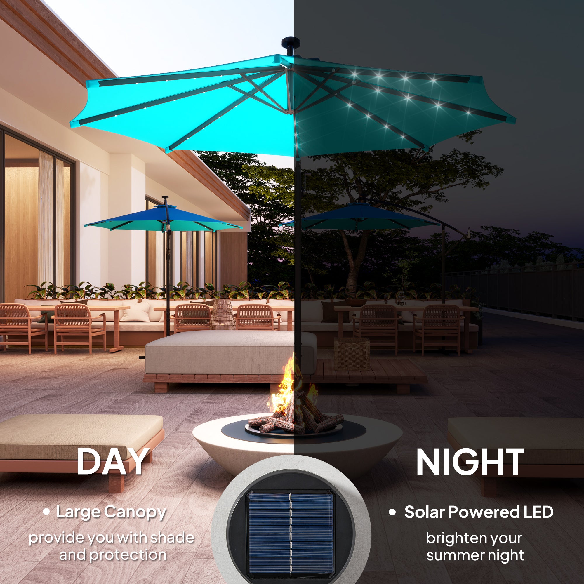 Outsunny 10ft Outdoor Cantilever Umbrella with Solar Lights, Banana Umbrella with Adjustable Angle for Patio, Backyard, Turquoise