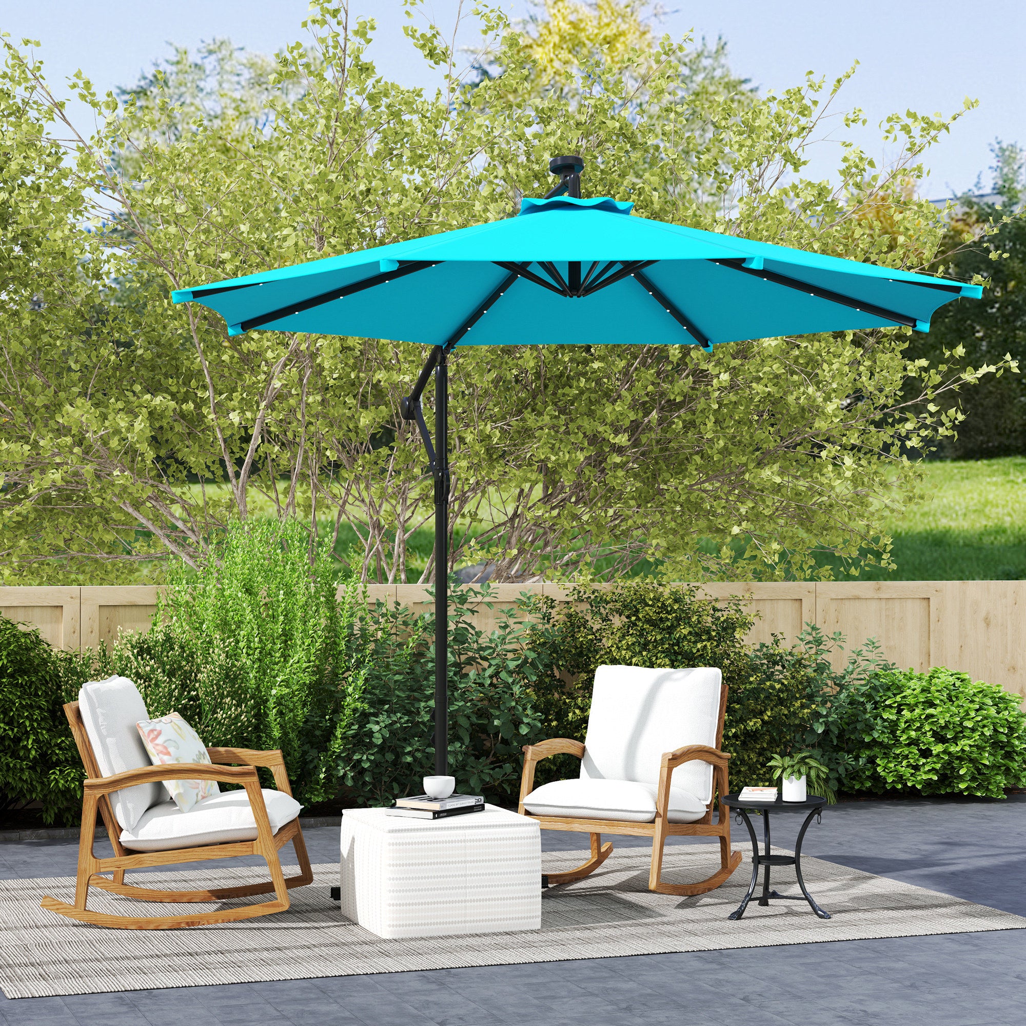 Outsunny 10ft Outdoor Cantilever Umbrella with Solar Lights, Banana Umbrella with Adjustable Angle for Patio, Backyard, Turquoise