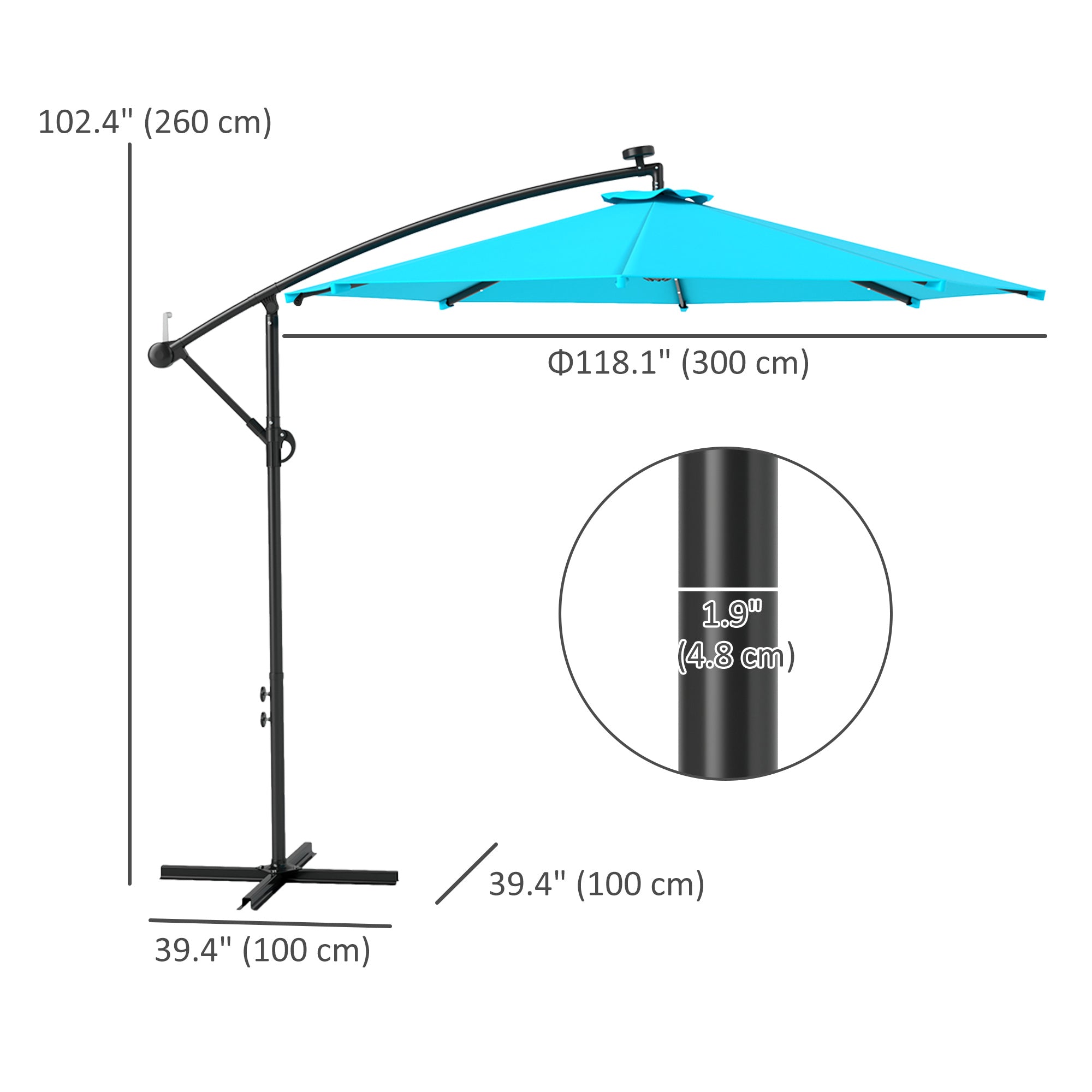 Outsunny 10ft Outdoor Cantilever Umbrella with Solar Lights, Banana Umbrella with Adjustable Angle for Patio, Backyard, Turquoise