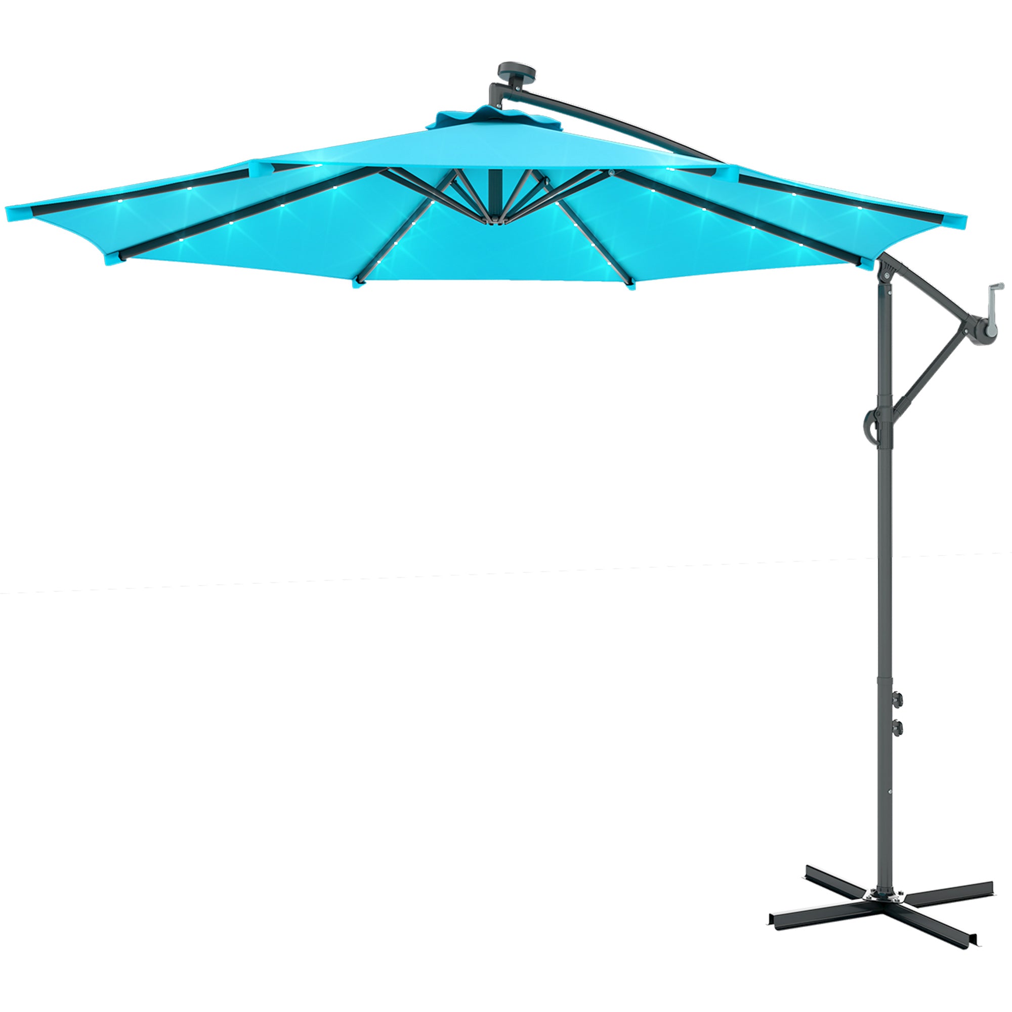 Outsunny 10ft Outdoor Cantilever Umbrella with Solar Lights, Banana Umbrella with Adjustable Angle for Patio, Backyard, Turquoise