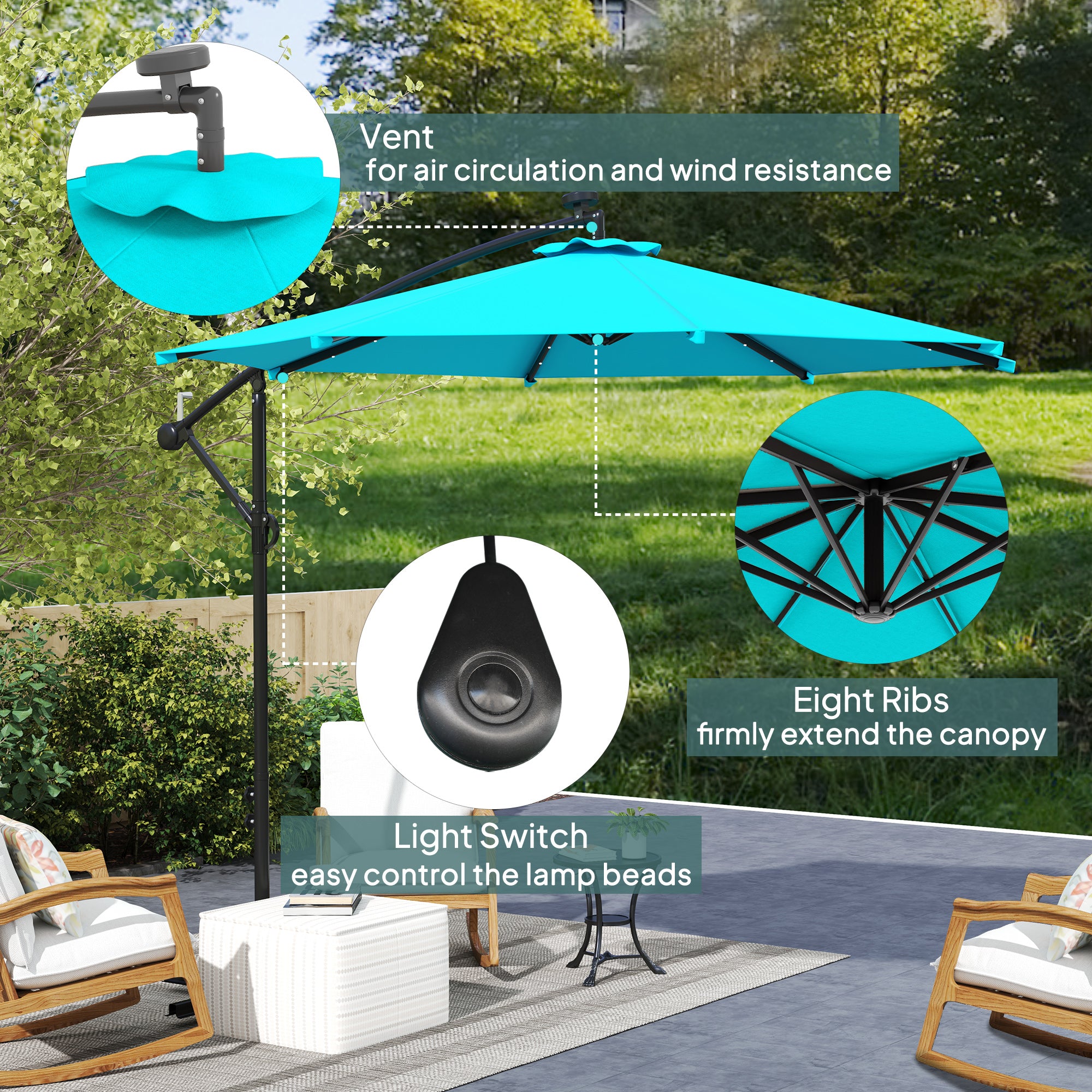 Outsunny 10ft Outdoor Cantilever Umbrella with Solar Lights, Banana Umbrella with Adjustable Angle for Patio, Backyard, Turquoise