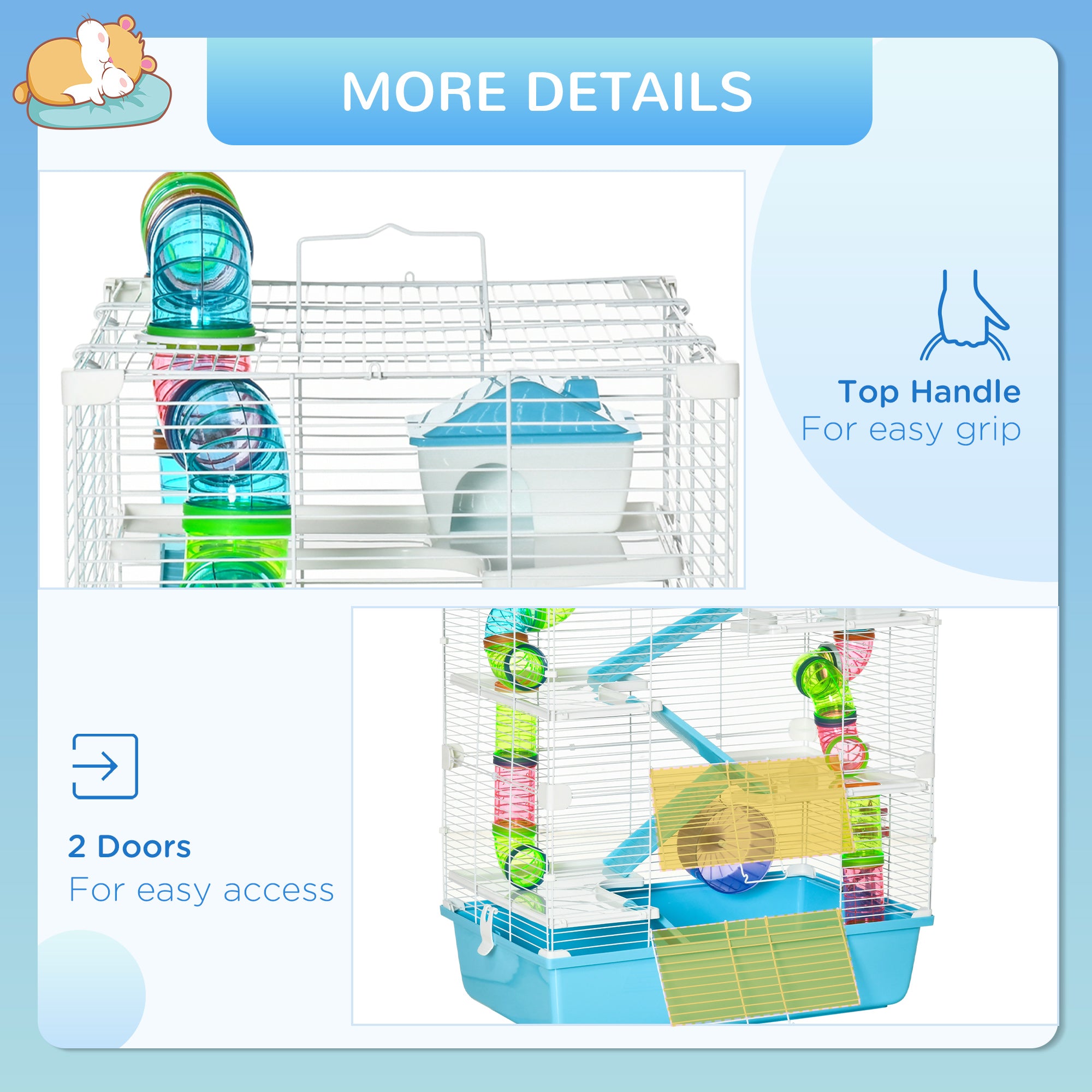 PawHut Hamster Cage, Large Small Animal House, 5-Level Guinea Pig Cage Gerbil Haven, Tunnel Tube System, with Water Bottle, Exercise Wheel, Food Dish, Ramps, Light Blue