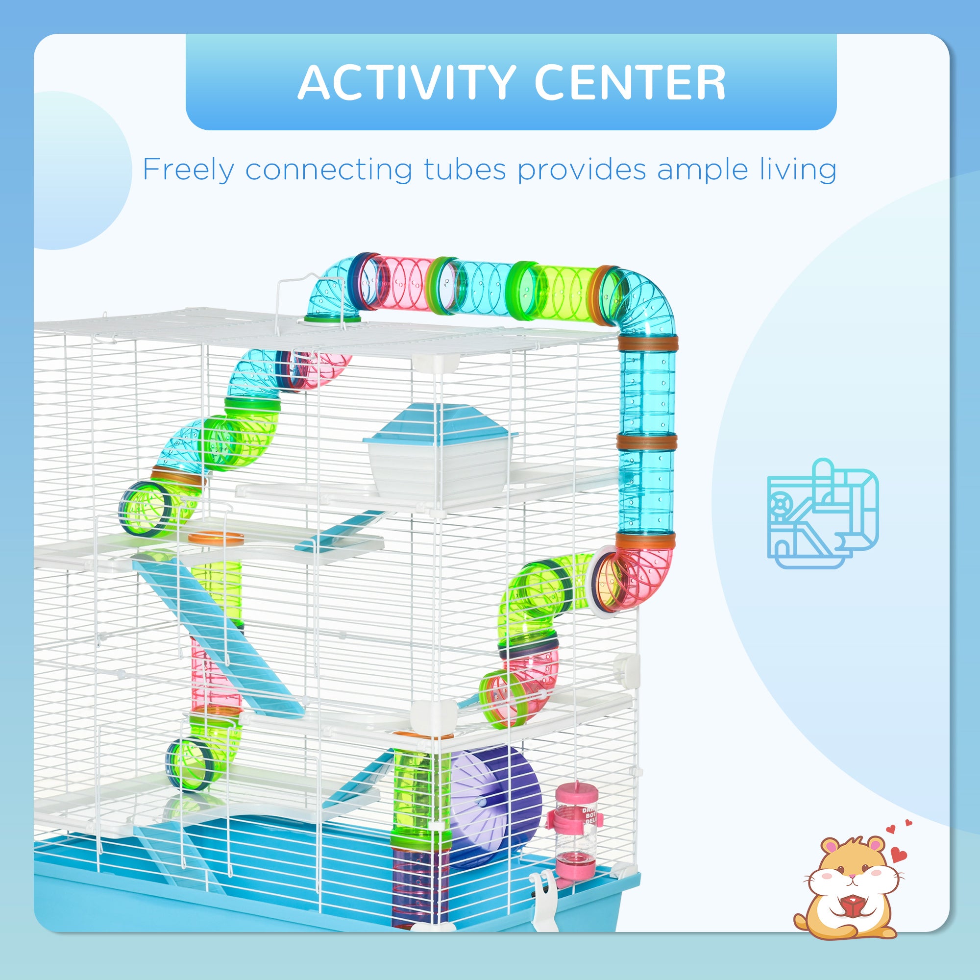 PawHut Hamster Cage, Large Small Animal House, 5-Level Guinea Pig Cage Gerbil Haven, Tunnel Tube System, with Water Bottle, Exercise Wheel, Food Dish, Ramps, Light Blue