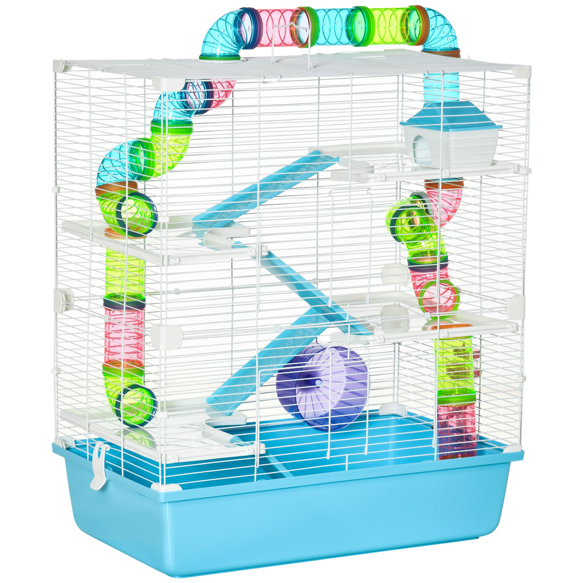 PawHut Hamster Cage, Large Small Animal House, 5-Level Guinea Pig Cage Gerbil Haven, Tunnel Tube System, with Water Bottle, Exercise Wheel, Food Dish, Ramps, Light Blue