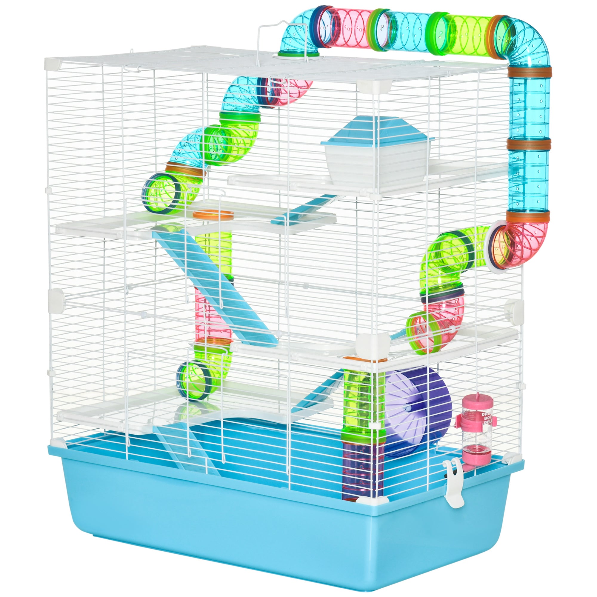 PawHut Hamster Cage, Large Small Animal House, 5-Level Guinea Pig Cage Gerbil Haven, Tunnel Tube System, with Water Bottle, Exercise Wheel, Food Dish, Ramps, Light Blue
