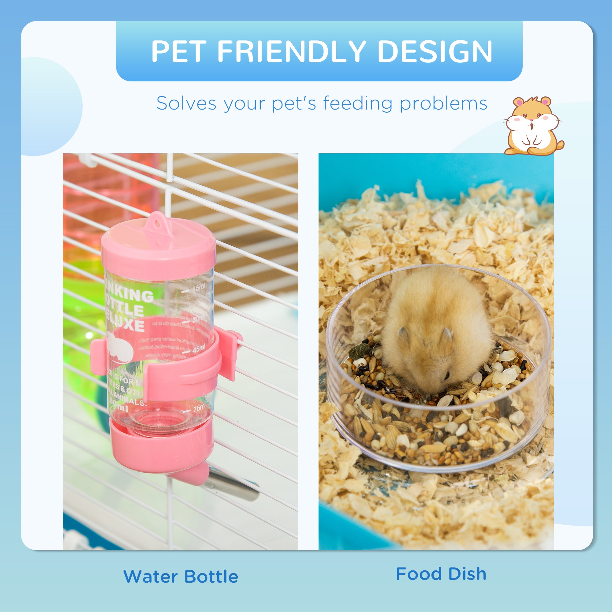 PawHut Hamster Cage, Large Small Animal House, 5-Level Guinea Pig Cage Gerbil Haven, Tunnel Tube System, with Water Bottle, Exercise Wheel, Food Dish, Ramps, Light Blue