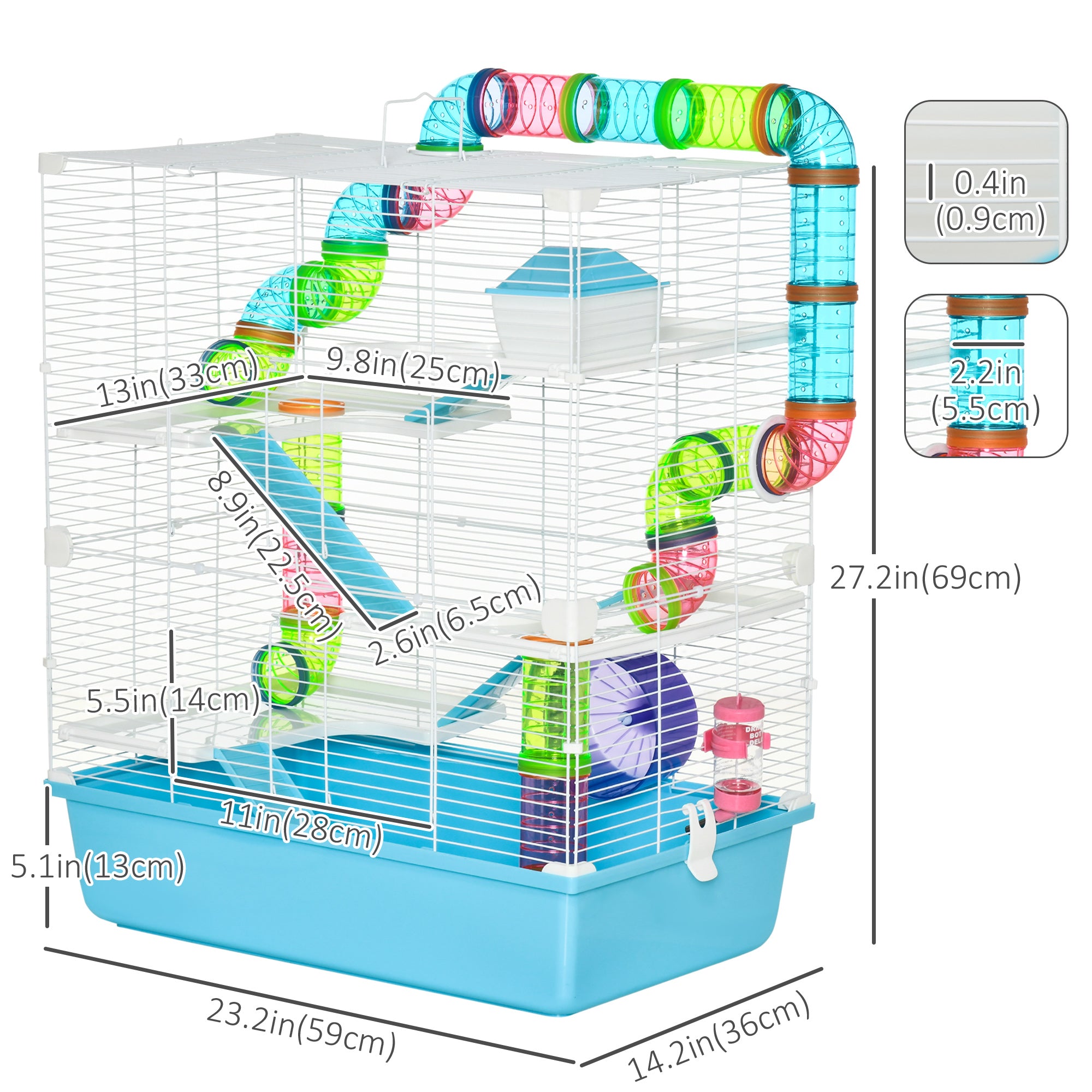 PawHut Hamster Cage, Large Small Animal House, 5-Level Guinea Pig Cage Gerbil Haven, Tunnel Tube System, with Water Bottle, Exercise Wheel, Food Dish, Ramps, Light Blue