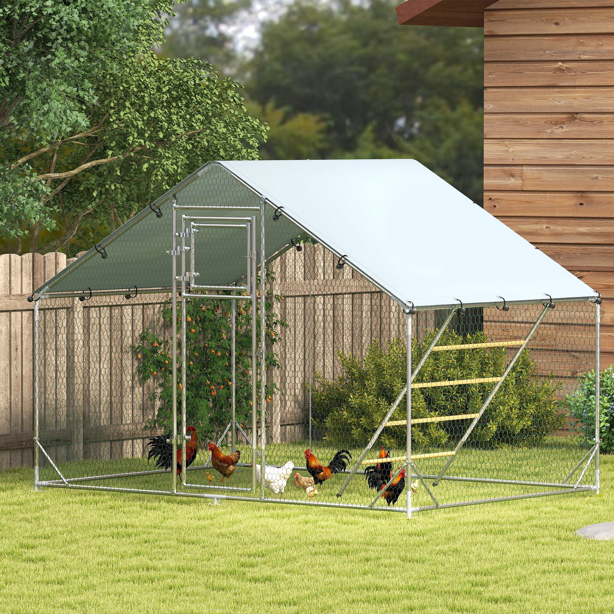 PawHut Chicken Run, Large Metal Chicken Coop with Waterproof & UV-Resistant Cover, Feeding Door, Hanging Feeder, Perch, Poultry Cage for Outdoor, Backyard, Farm, for 6-8 Chickens