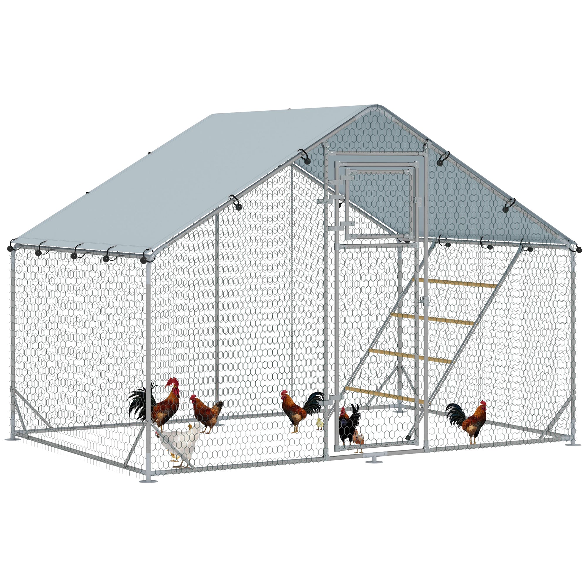 PawHut Chicken Run, Large Metal Chicken Coop with Waterproof & UV-Resistant Cover, Feeding Door, Hanging Feeder, Perch, Poultry Cage for Outdoor, Backyard, Farm, for 6-8 Chickens