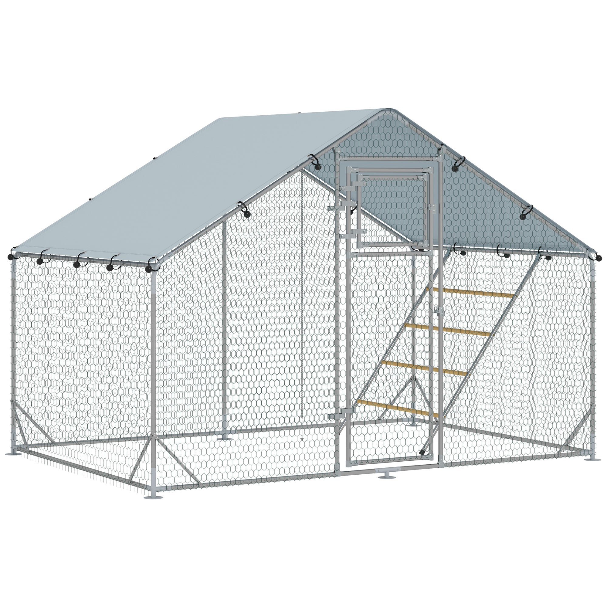 PawHut Chicken Run, Large Metal Chicken Coop with Waterproof & UV-Resistant Cover, Feeding Door, Hanging Feeder, Perch, Poultry Cage for Outdoor, Backyard, Farm, for 6-8 Chickens