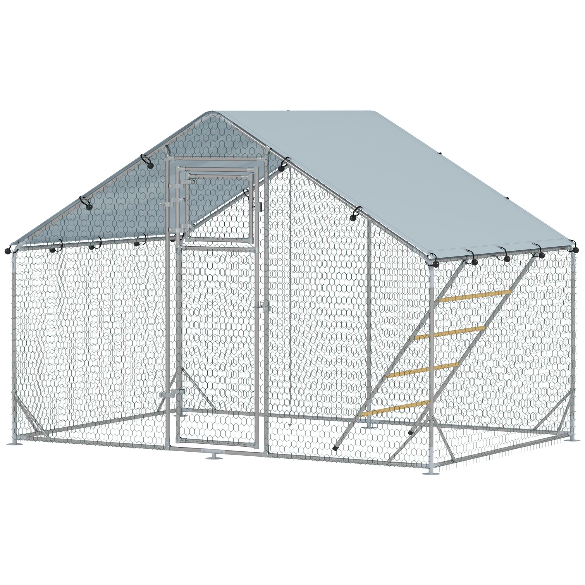 PawHut Chicken Run, Large Metal Chicken Coop with Waterproof & UV-Resistant Cover, Feeding Door, Hanging Feeder, Perch, Poultry Cage for Outdoor, Backyard, Farm, for 6-8 Chickens