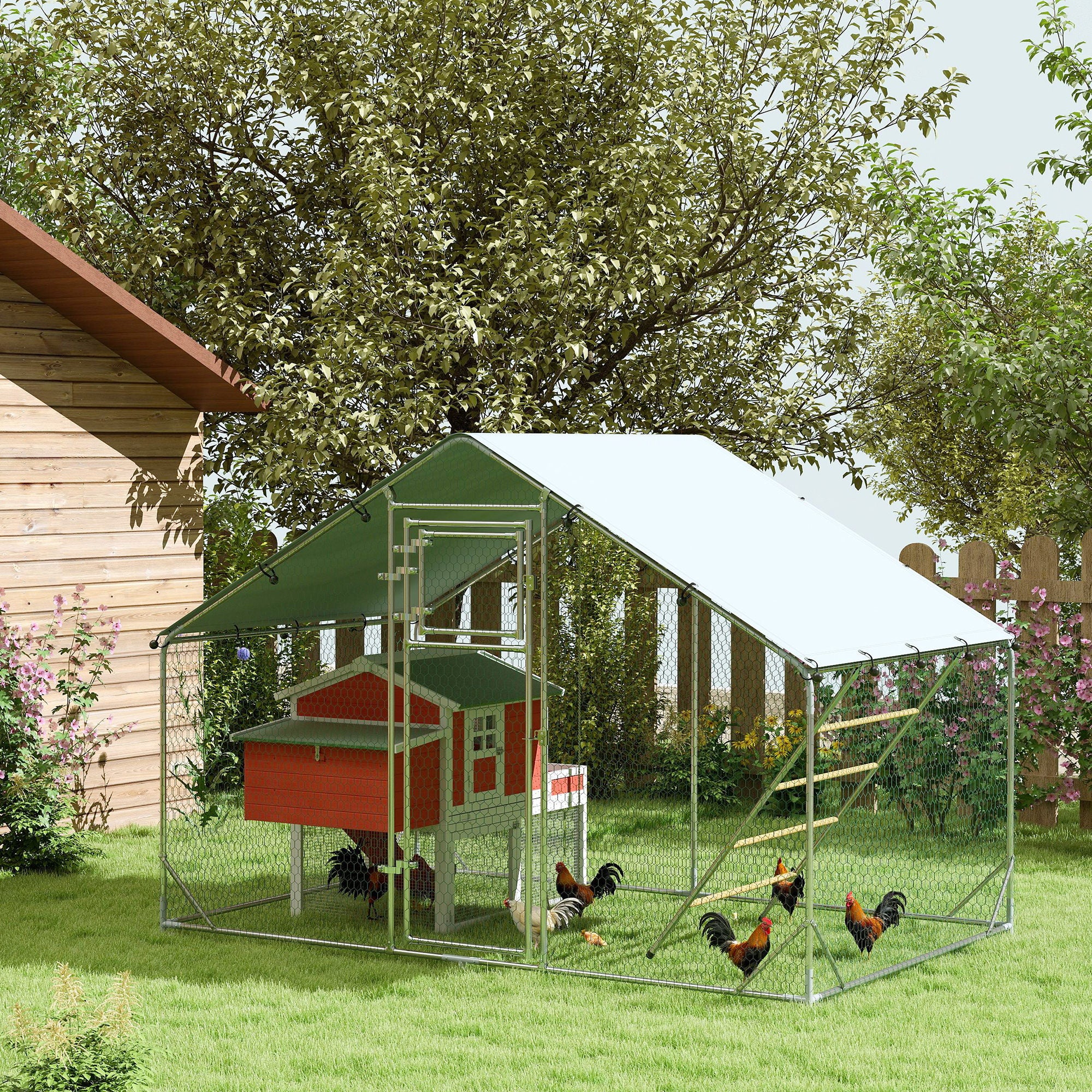 PawHut Chicken Run, Large Metal Chicken Coop with Waterproof & UV-Resistant Cover, Feeding Door, Hanging Feeder, Perch, Poultry Cage for Outdoor, Backyard, Farm, for 6-8 Chickens