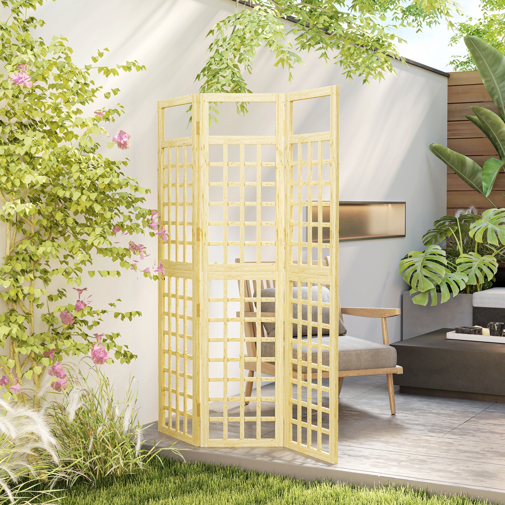 Outsunny 3 Panel Outdoor Wood Privacy Screen, 47.2