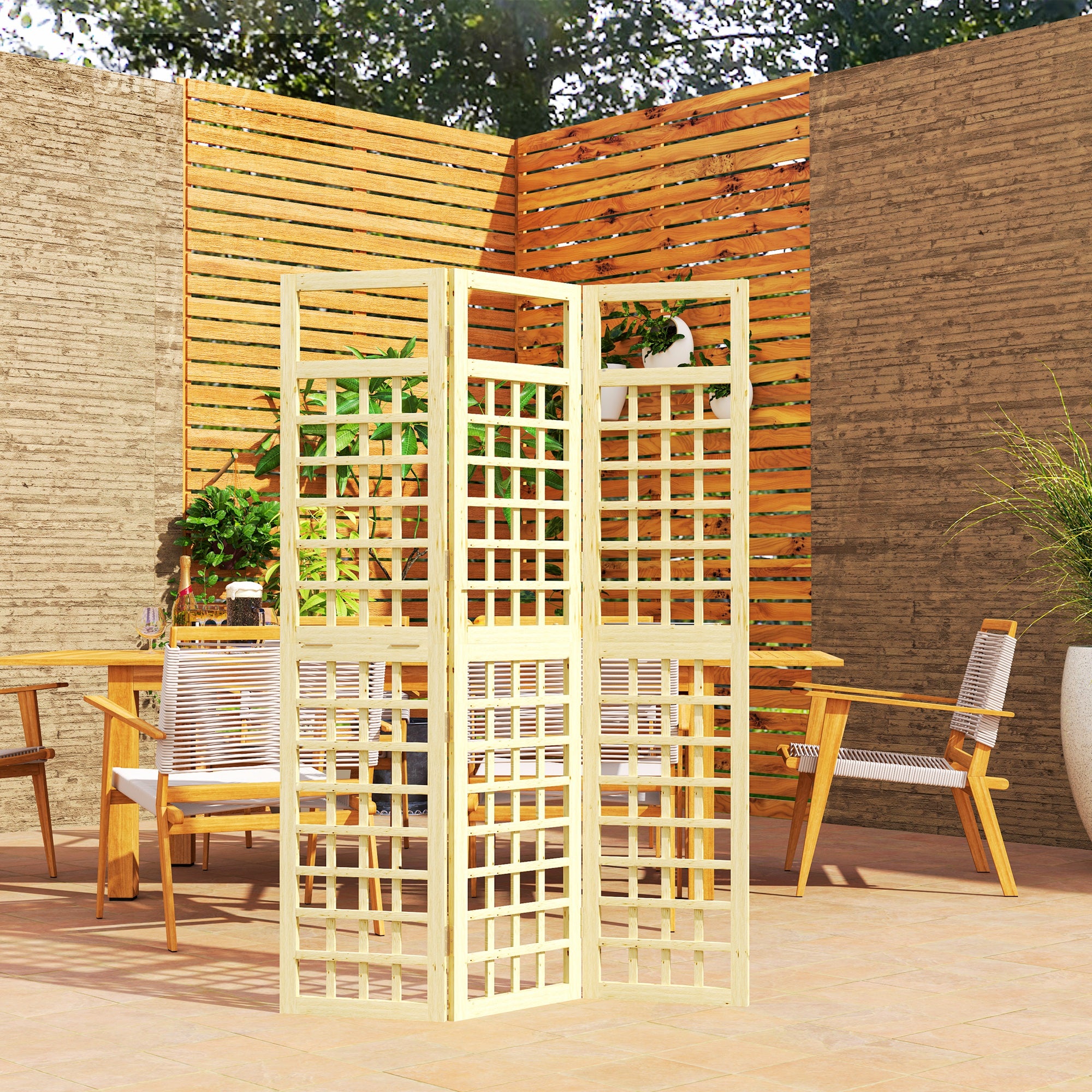 Outsunny 3 Panel Outdoor Wood Privacy Screen, 47.2" x 66.9" Folding Room Divider/Trellis for Home, Patio, Deck, Natural Wood