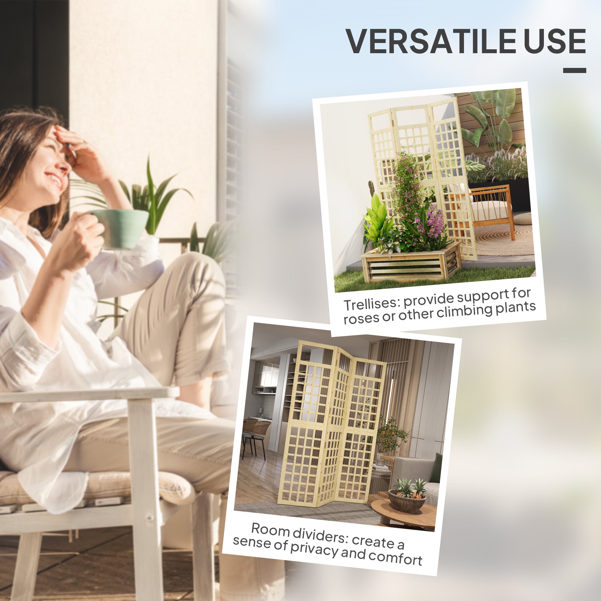 Outsunny 3 Panel Outdoor Wood Privacy Screen, 47.2" x 66.9" Folding Room Divider/Trellis for Home, Patio, Deck, Natural Wood