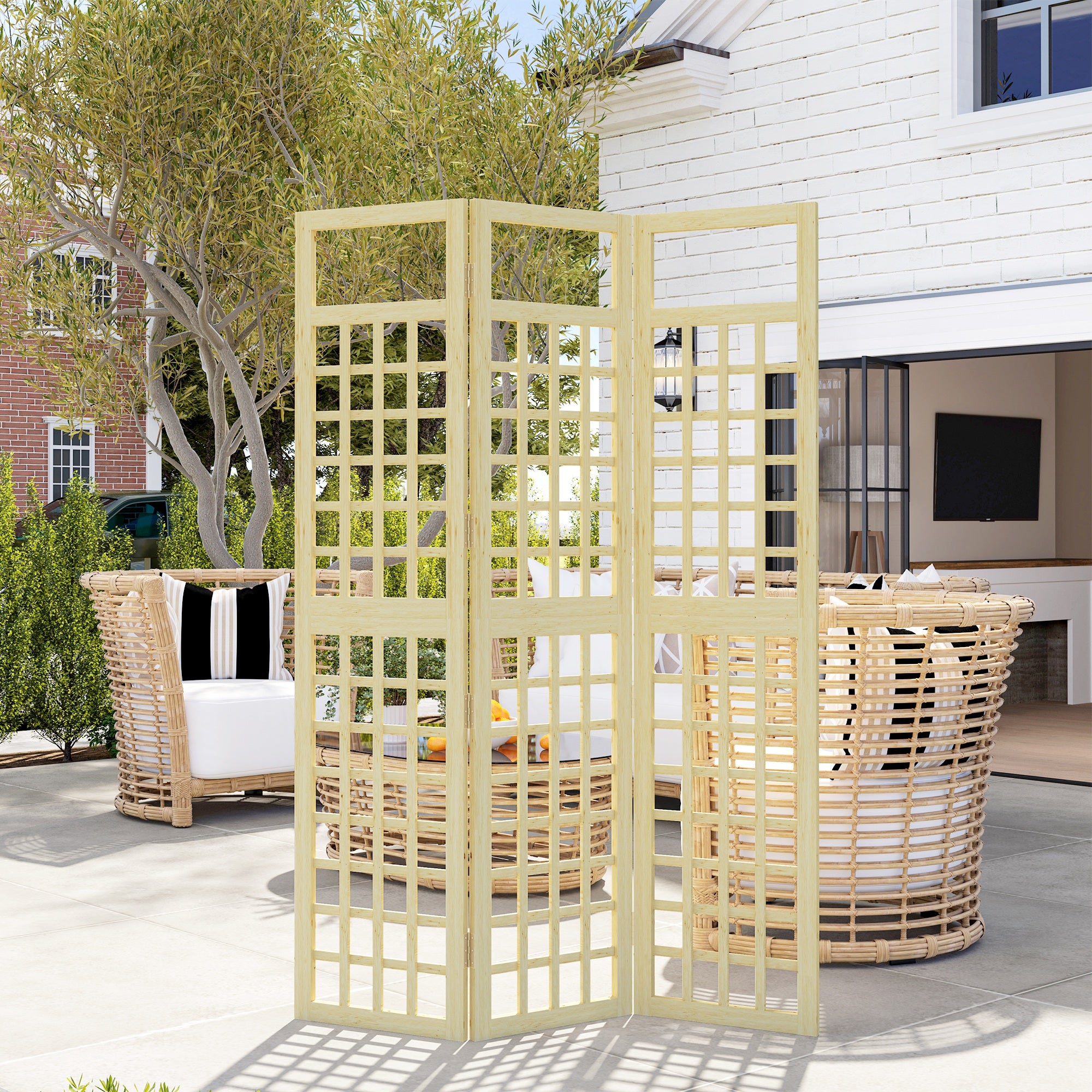 Outsunny 3 Panel Outdoor Wood Privacy Screen, 47.2" x 66.9" Folding Room Divider/Trellis for Home, Patio, Deck, Natural Wood
