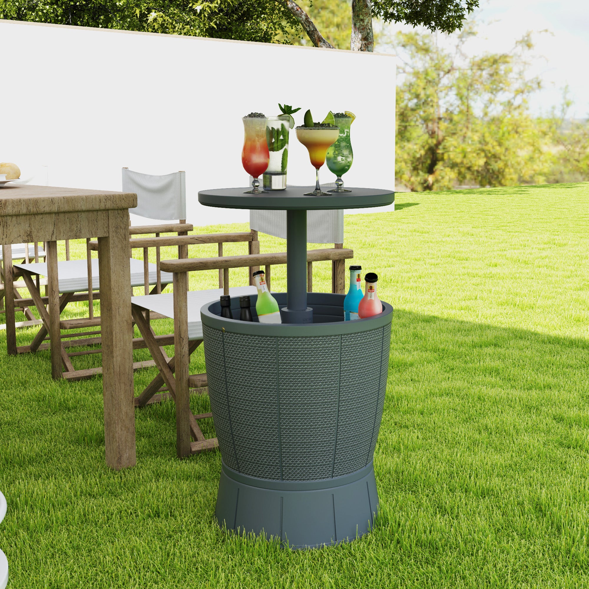Outsunny Outdoor Cool Bar Table, 11 Gallon Patio Cooler Side Table with Height Adjustable Top, Drainage Plug, 3-in-1 Cocktail Table for Beer Wine Storage, Deck Pool Party, Grey