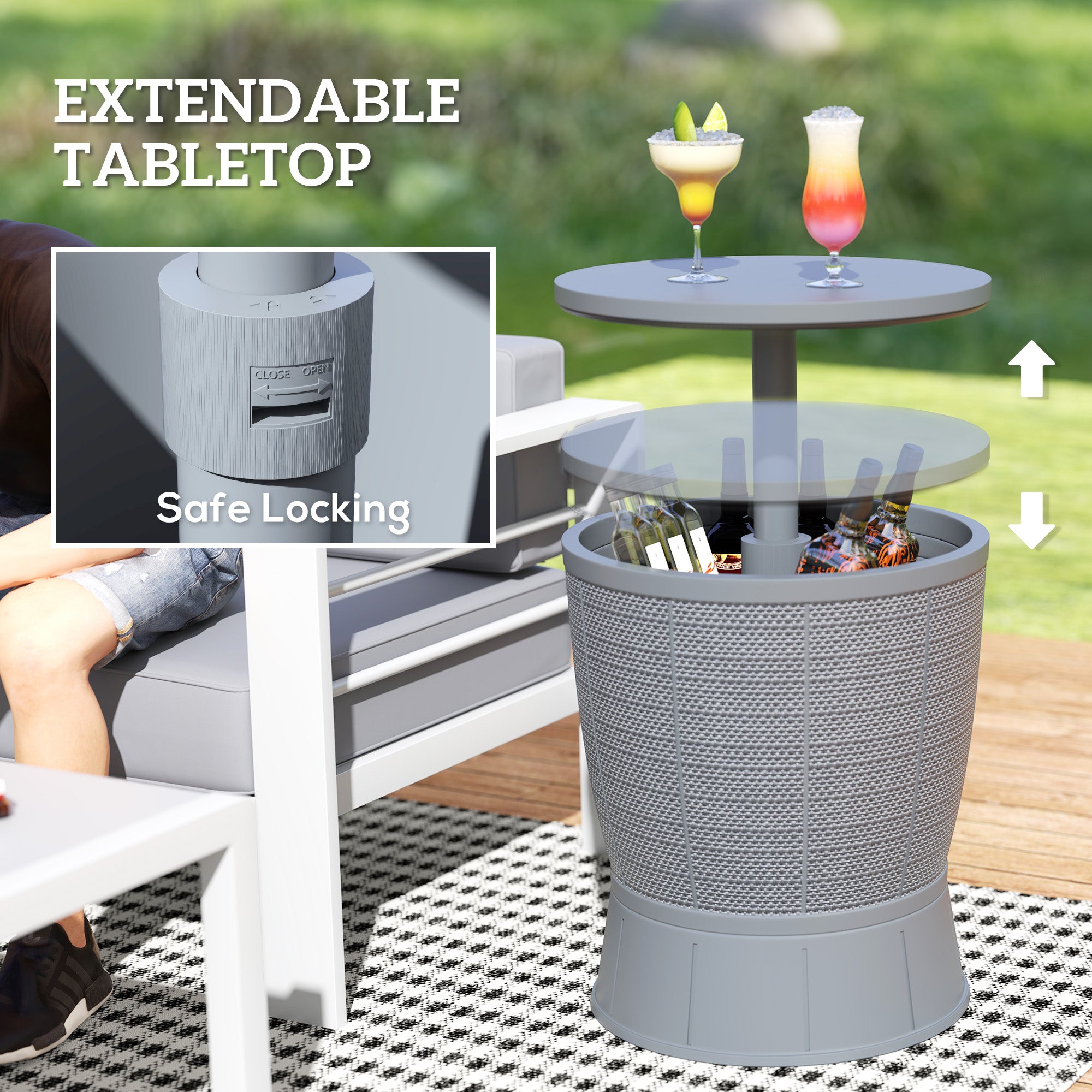 Outsunny Outdoor Cool Bar Table, 11 Gallon Patio Cooler Side Table with Height Adjustable Top, Drainage Plug, 3-in-1 Cocktail Table for Beer Wine Storage, Deck Pool Party, Grey