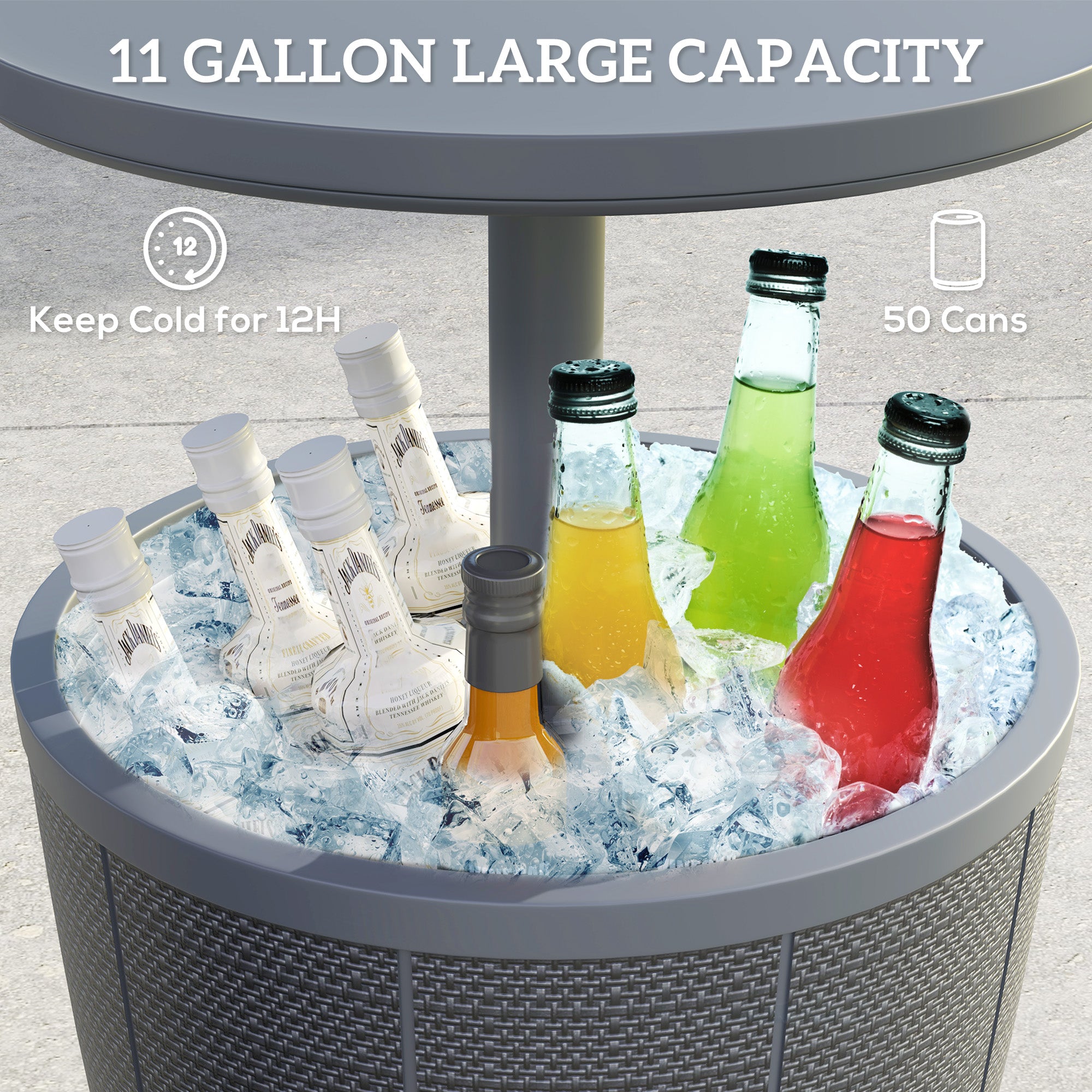 Outsunny Outdoor Cool Bar Table, 11 Gallon Patio Cooler Side Table with Height Adjustable Top, Drainage Plug, 3-in-1 Cocktail Table for Beer Wine Storage, Deck Pool Party, Grey