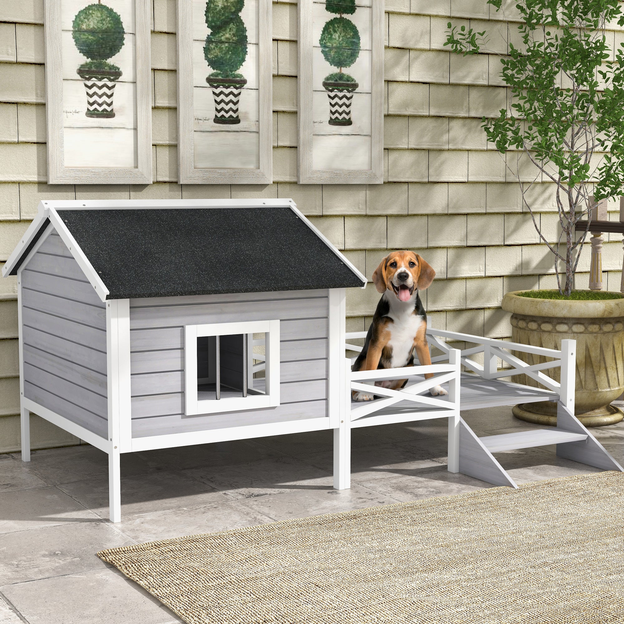 PawHut Outdoor Dog House with Porch, Wooden Dog Kennel with Water-resistant Asphalt Roof, Ladders, Fencing, Window, for Small and Medium Dog, Gray