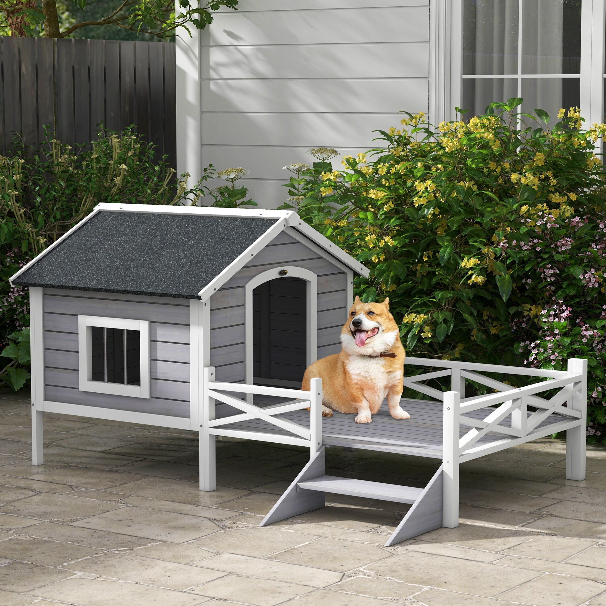 PawHut Outdoor Dog House with Porch, Wooden Dog Kennel with Water-resistant Asphalt Roof, Ladders, Fencing, Window, for Small and Medium Dog, Gray