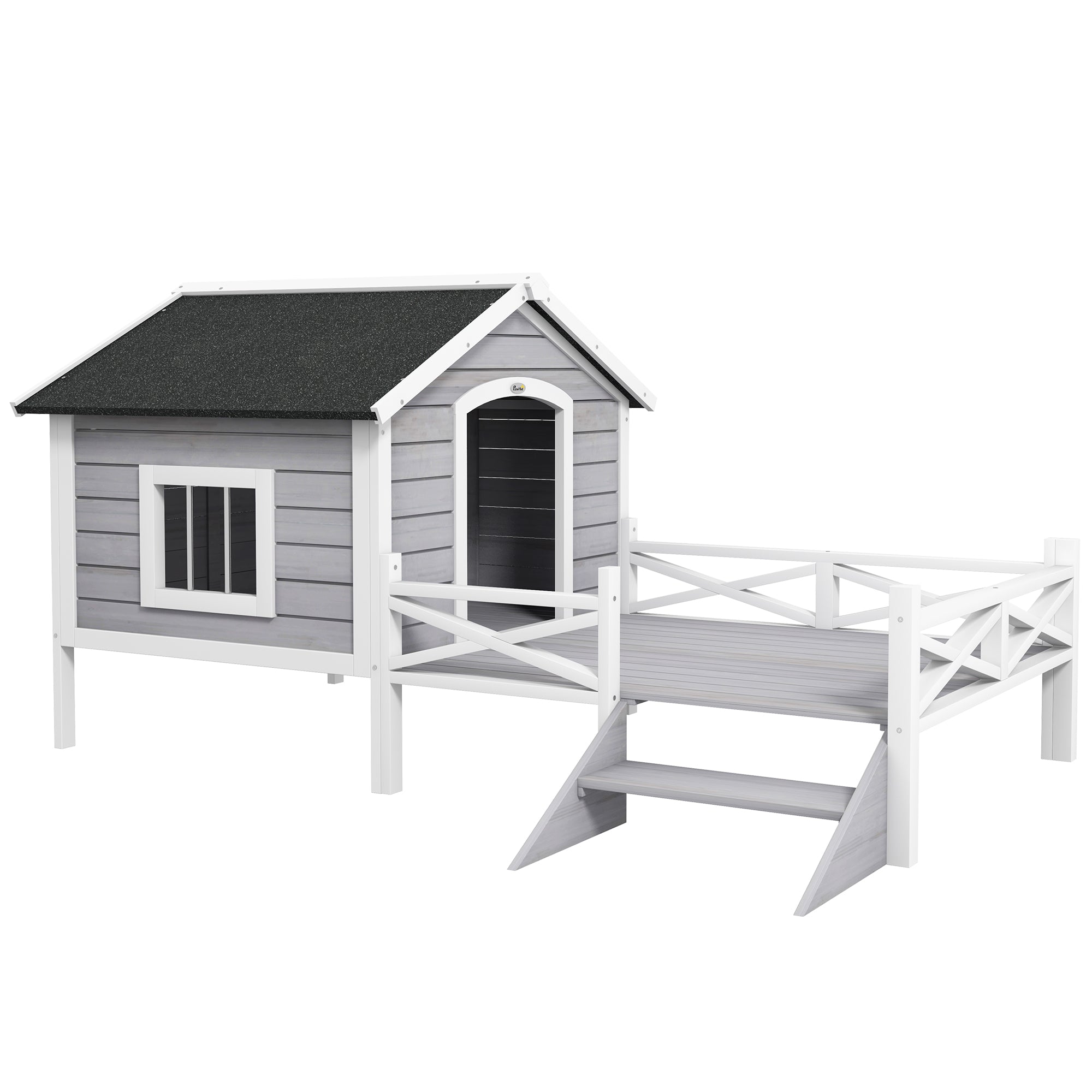 PawHut Outdoor Dog House with Porch, Wooden Dog Kennel with Water-resistant Asphalt Roof, Ladders, Fencing, Window, for Small and Medium Dog, Gray