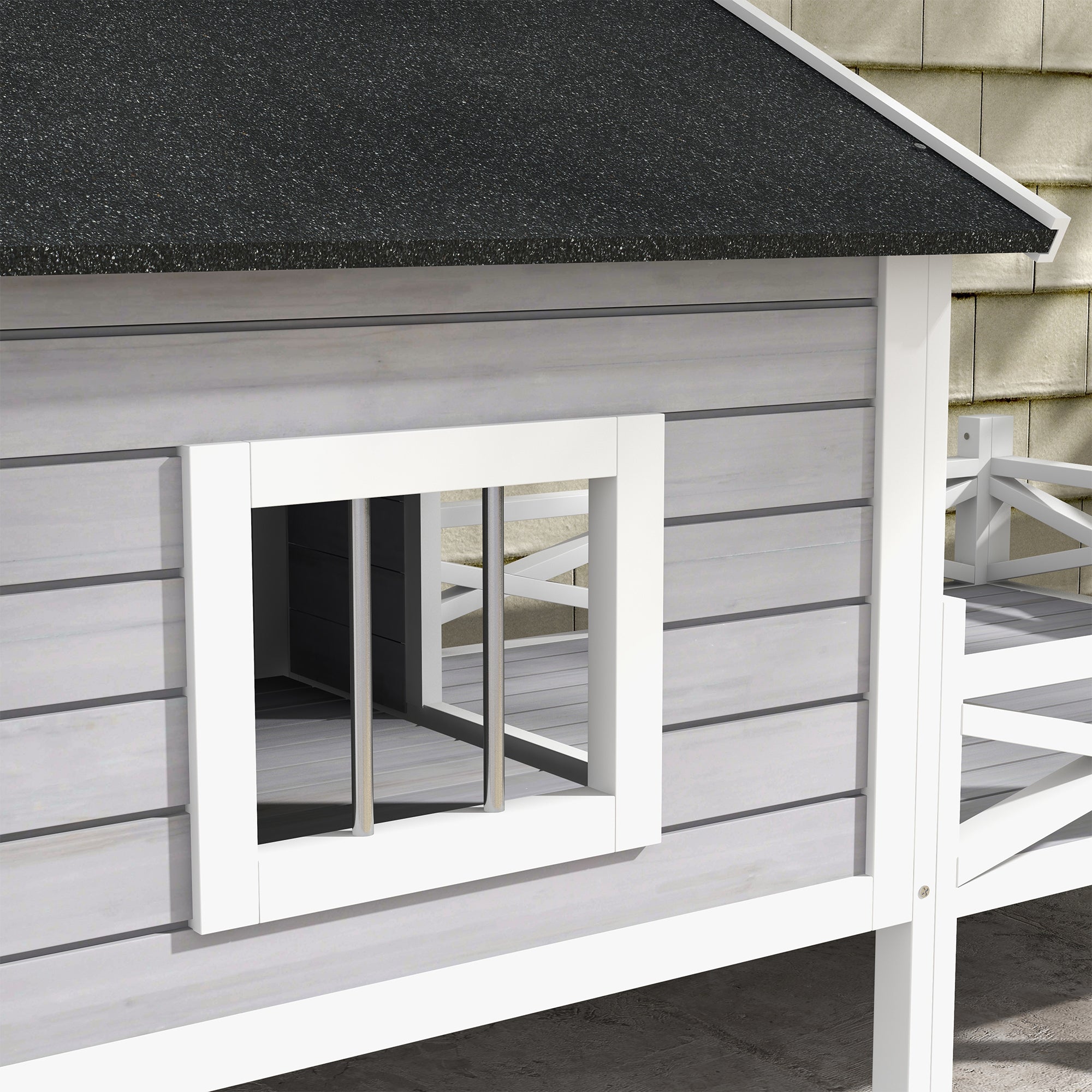 PawHut Outdoor Dog House with Porch, Wooden Dog Kennel with Water-resistant Asphalt Roof, Ladders, Fencing, Window, for Small and Medium Dog, Gray