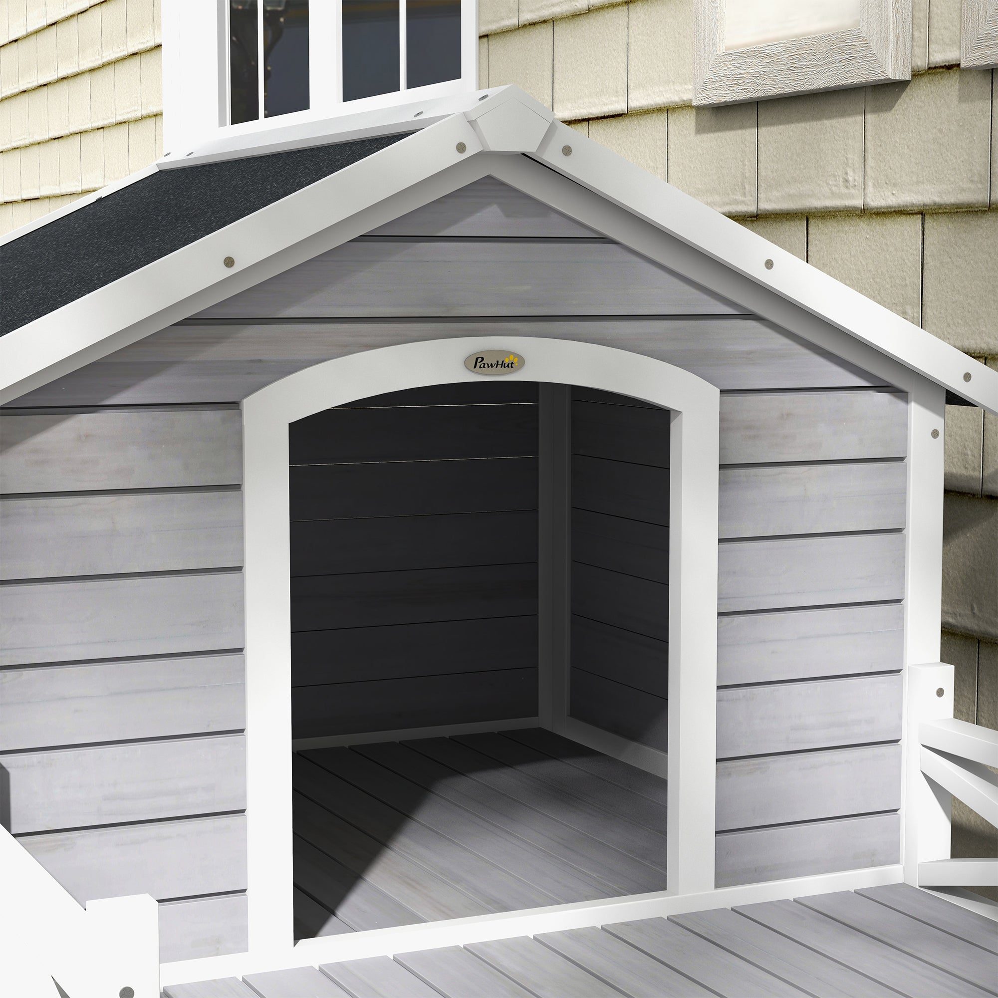 PawHut Outdoor Dog House with Porch, Wooden Dog Kennel with Water-resistant Asphalt Roof, Ladders, Fencing, Window, for Small and Medium Dog, Gray