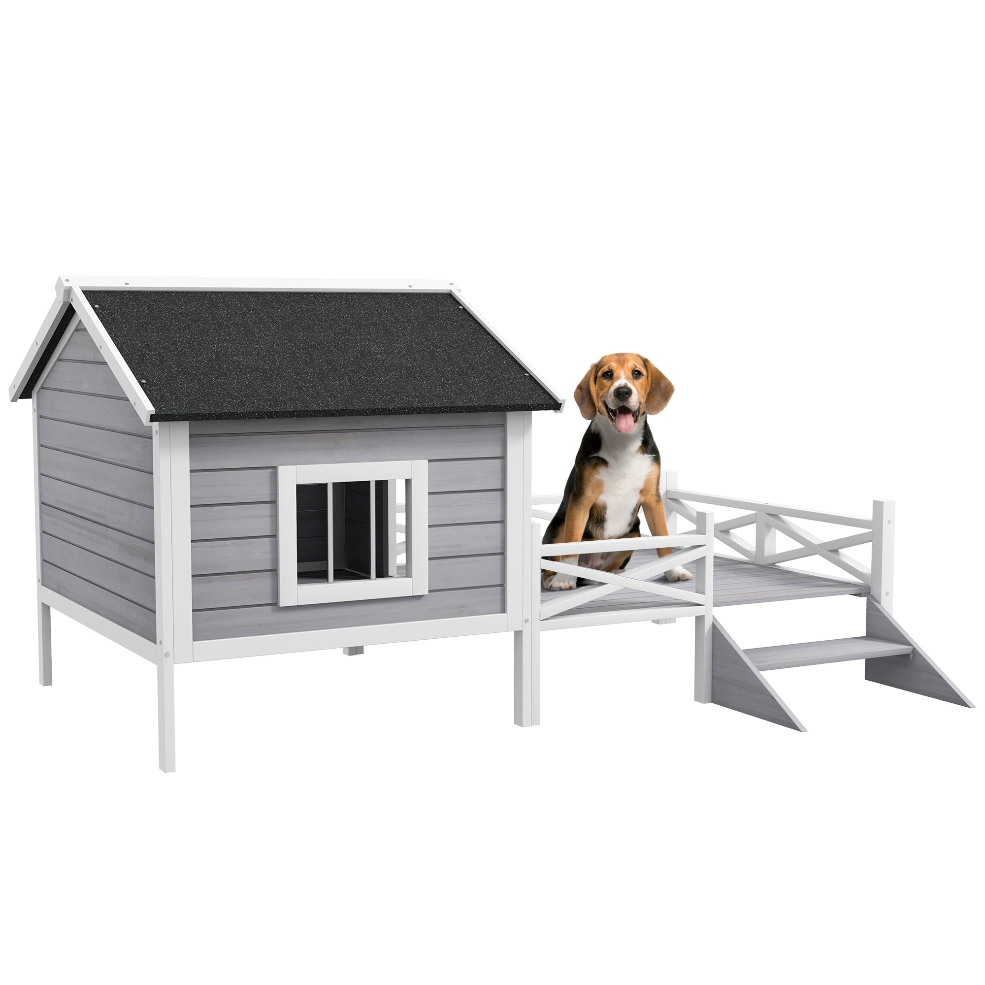 PawHut Outdoor Dog House with Porch, Wooden Dog Kennel with Water-resistant Asphalt Roof, Ladders, Fencing, Window, for Small and Medium Dog, Gray