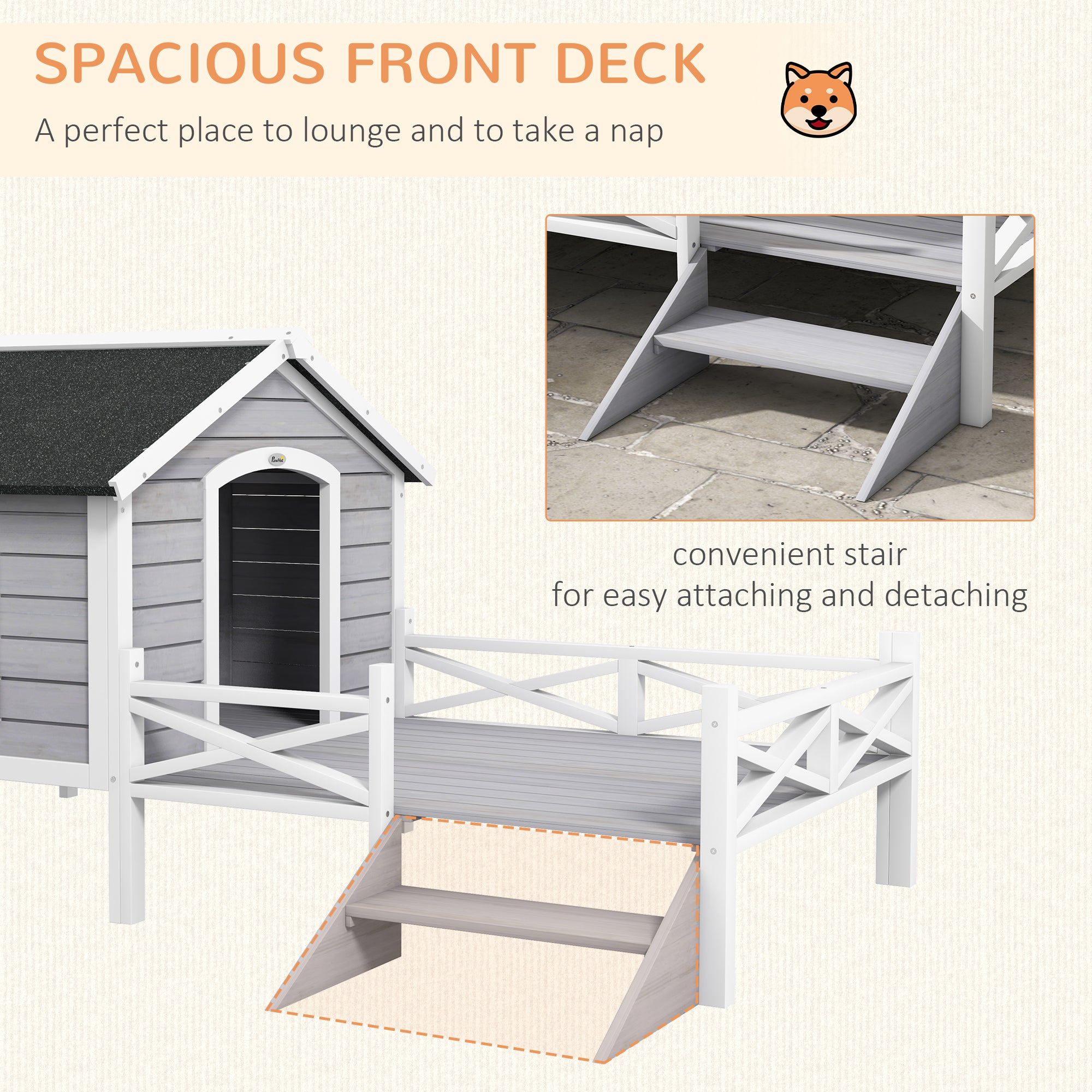 PawHut Outdoor Dog House with Porch, Wooden Dog Kennel with Water-resistant Asphalt Roof, Ladders, Fencing, Window, for Small and Medium Dog, Gray