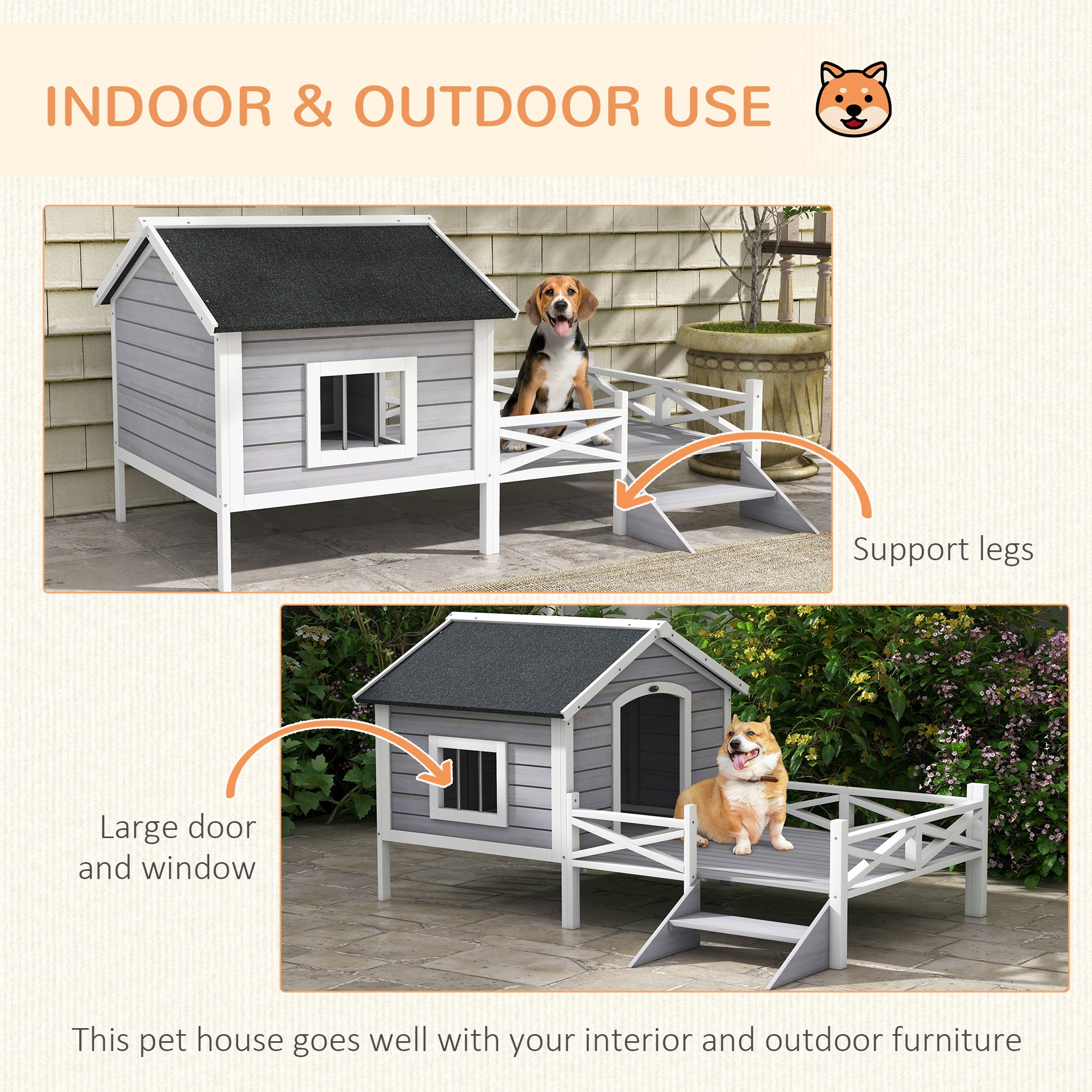 PawHut Outdoor Dog House with Porch, Wooden Dog Kennel with Water-resistant Asphalt Roof, Ladders, Fencing, Window, for Small and Medium Dog, Gray