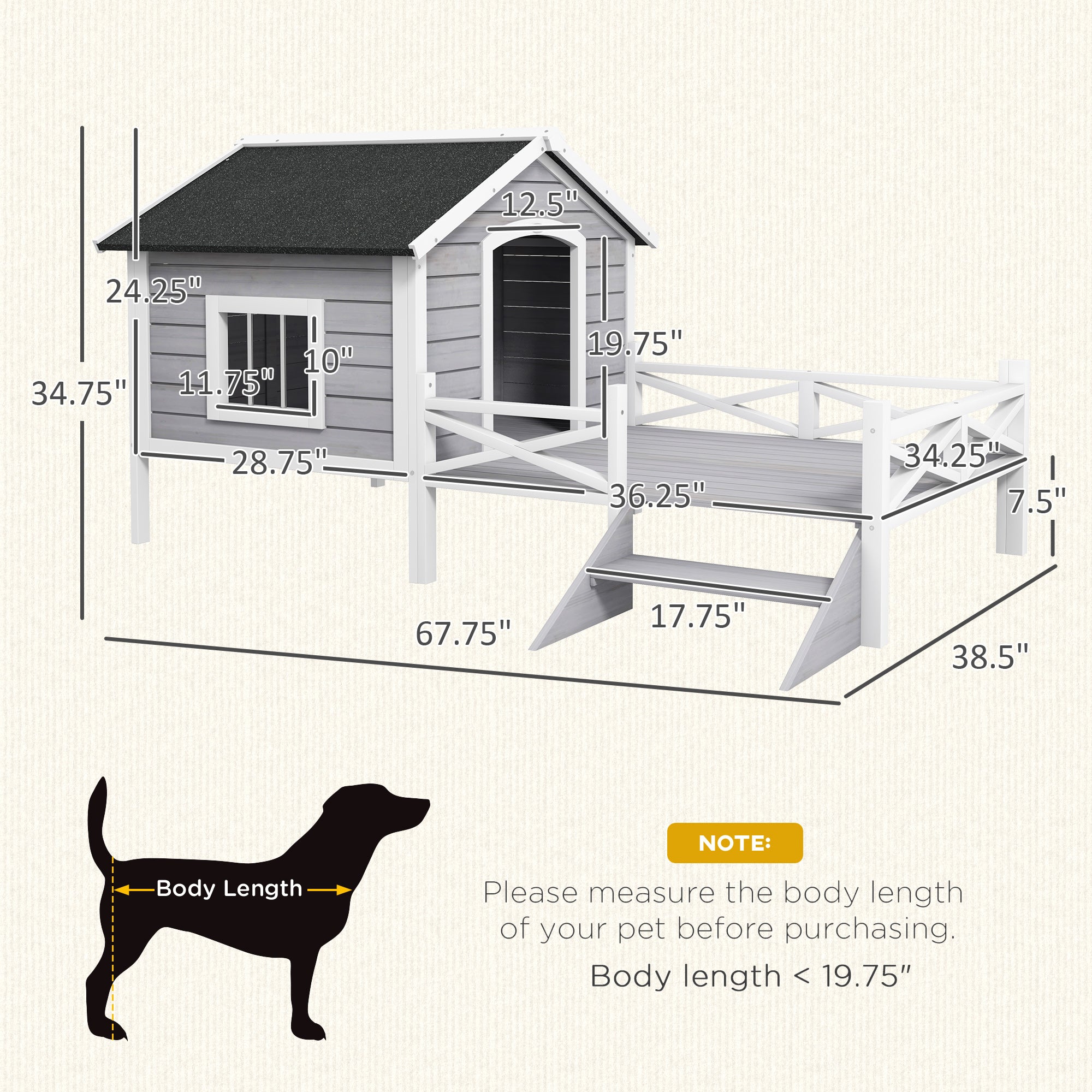 PawHut Outdoor Dog House with Porch, Wooden Dog Kennel with Water-resistant Asphalt Roof, Ladders, Fencing, Window, for Small and Medium Dog, Gray