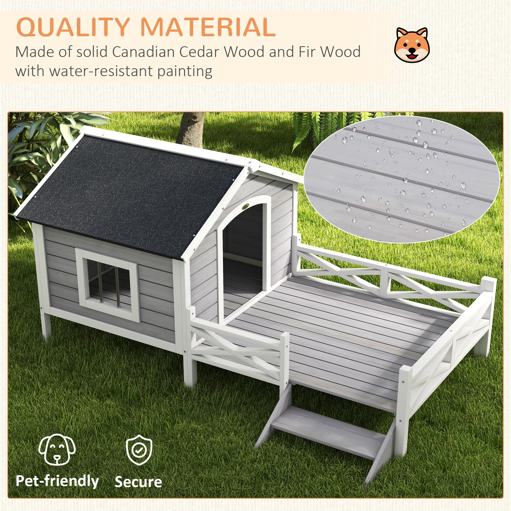 PawHut Outdoor Dog House with Porch, Wooden Dog Kennel with Water-resistant Asphalt Roof, Ladders, Fencing, Window, for Small and Medium Dog, Gray